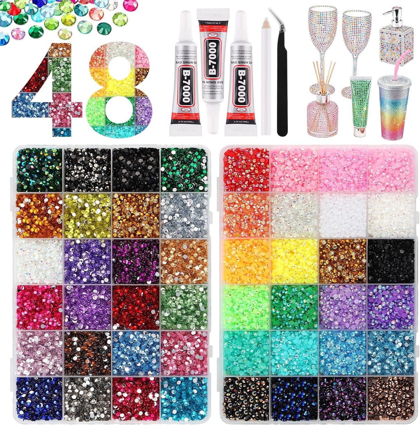 Resin Jelly Rhinestones Kit - 48000 Pcs 48 Colors Flatback Gems for Bedazzling | Includes B7000 Glue & Tools for DIY Crafting