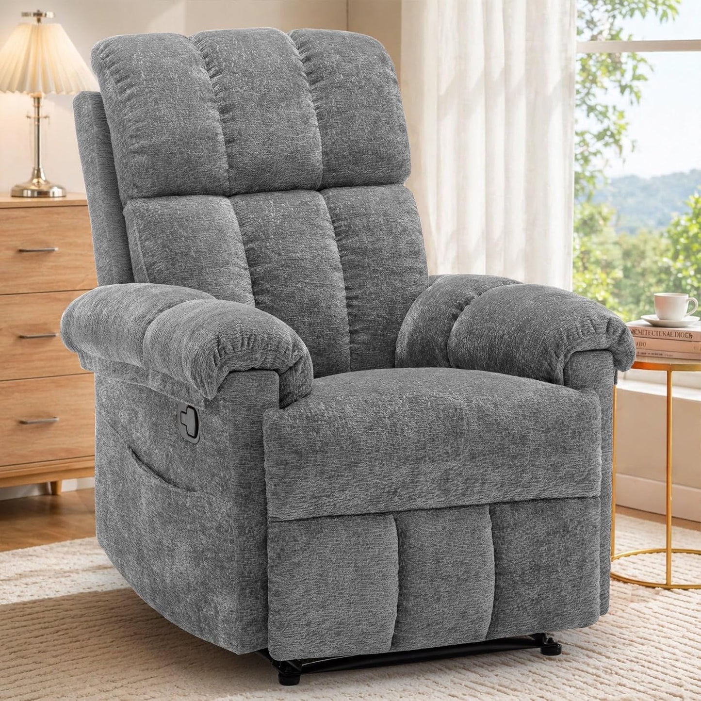 Recliner Chair - Upholstered Manual Recliner for Small Spaces | Modern Chenille Design in Beige with Side Pockets