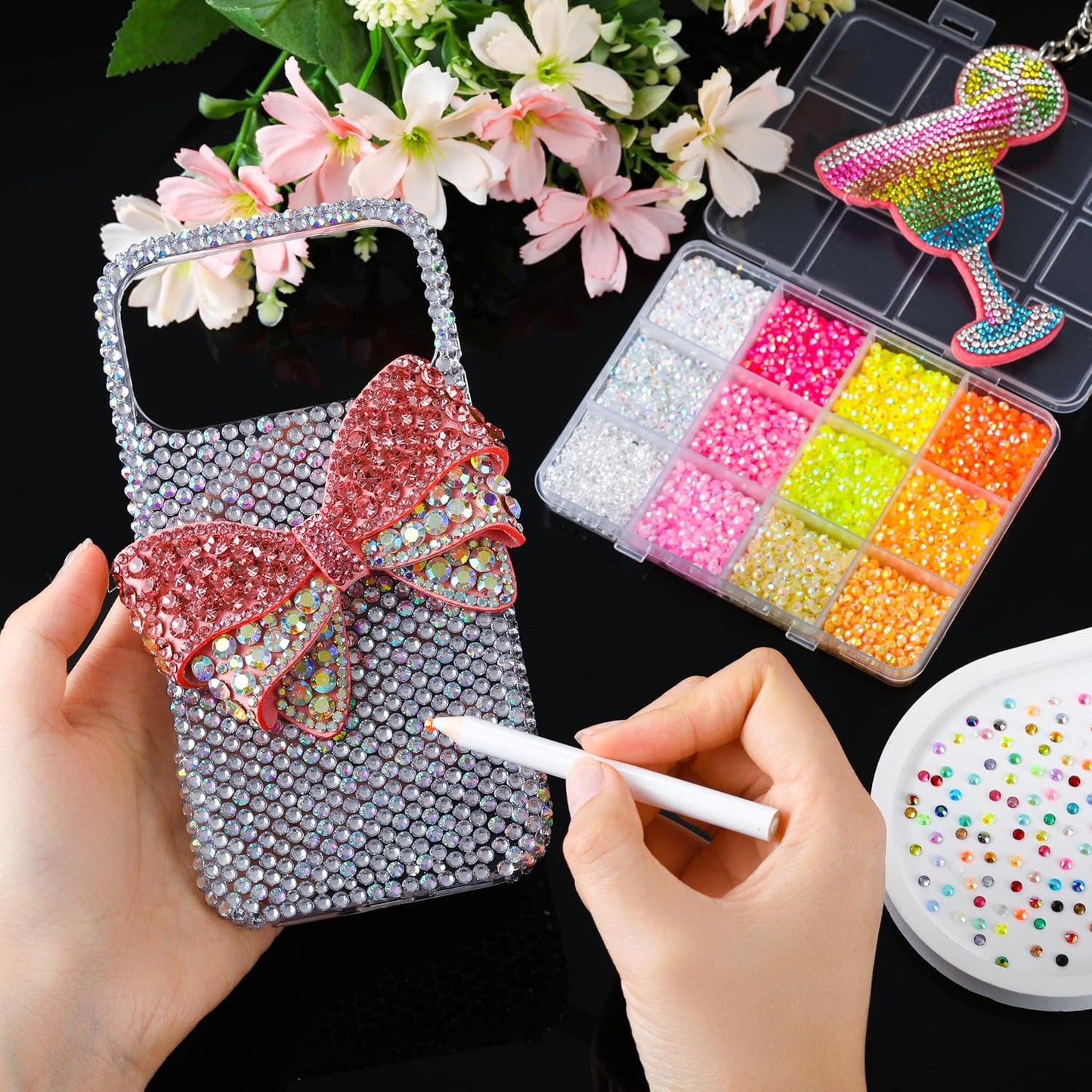 3D Nail Art Accessories Kit - 24 Colors Resin Rhinestones, Flowers & Bowknots | 12-Grid Storage for DIY Manicure