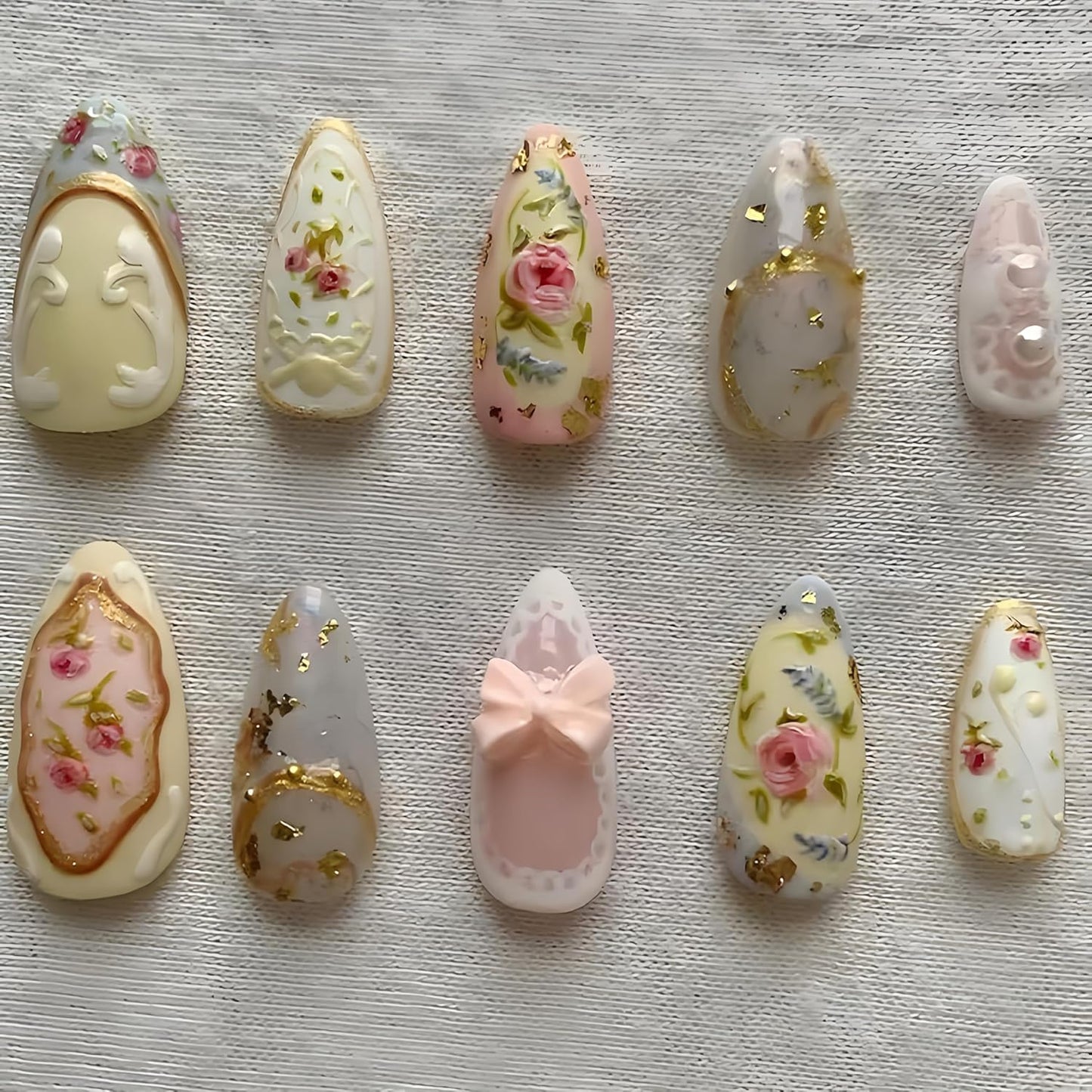 Almond Press-On Nails Set - 30Pcs 3D Pink Flower & Gold Beads | Reusable Floral Design for Beach Vacation