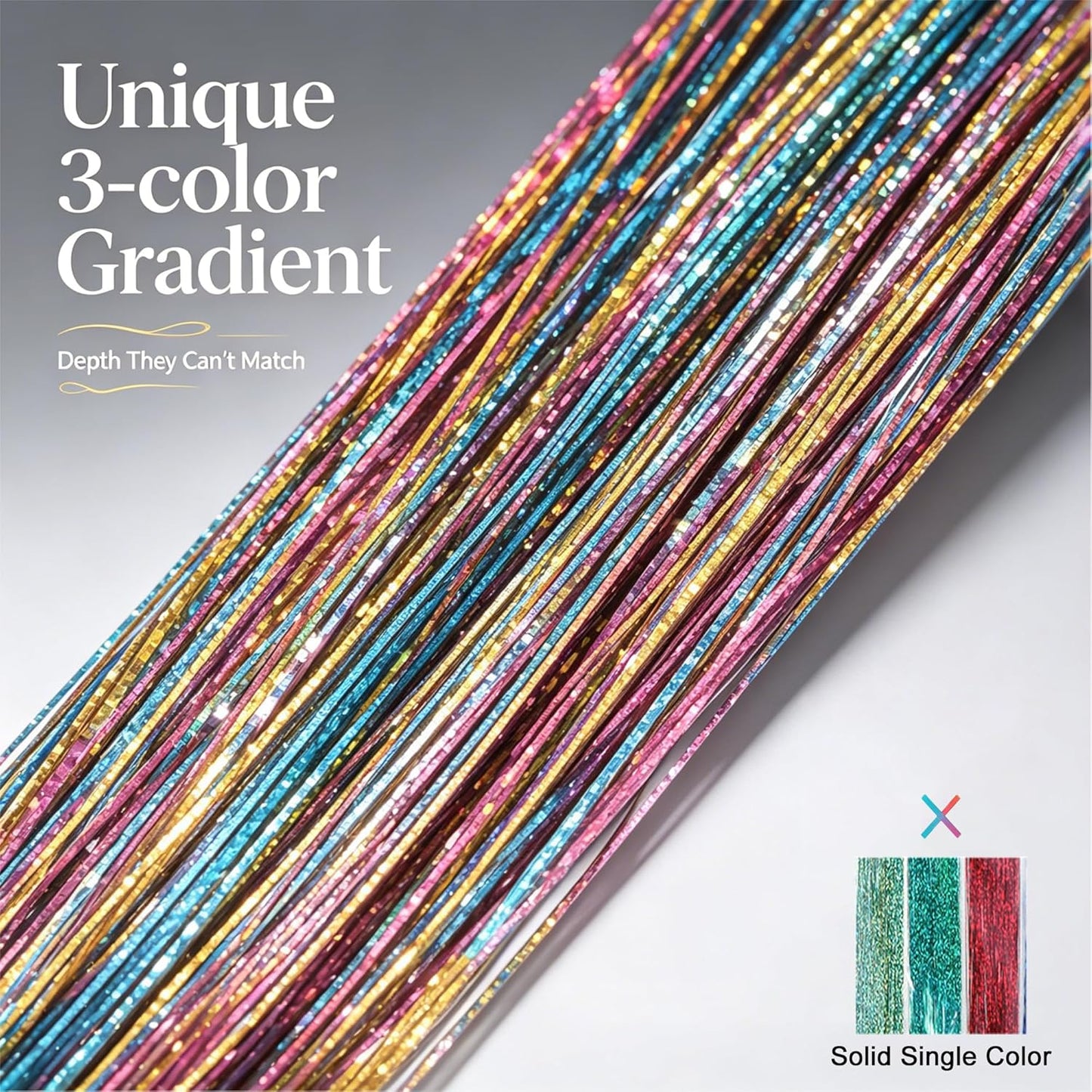 Gradient Hair Tinsel - Galaxy Gold & Turquoise Rainbow | 47 Inch, 3800 Strands, Heat Safe 320°F, No-Fade Sparkle for All Hair Types