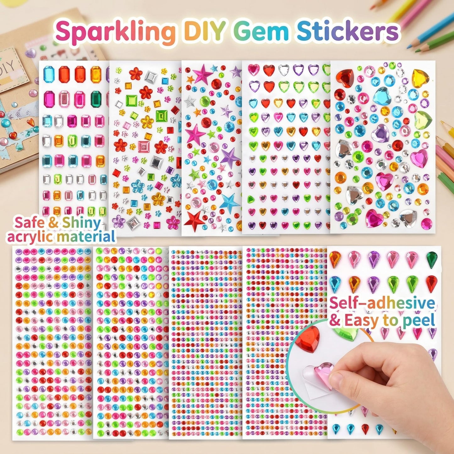 Diamond Art Accessories, 10 Sheets Self-Adhesive Gem Stickers Multi-Shape Bling Rhinestone Stickers Sparkling Diamond Painting Dots for Kids DIY Craft Scrapbook School Project Decoration