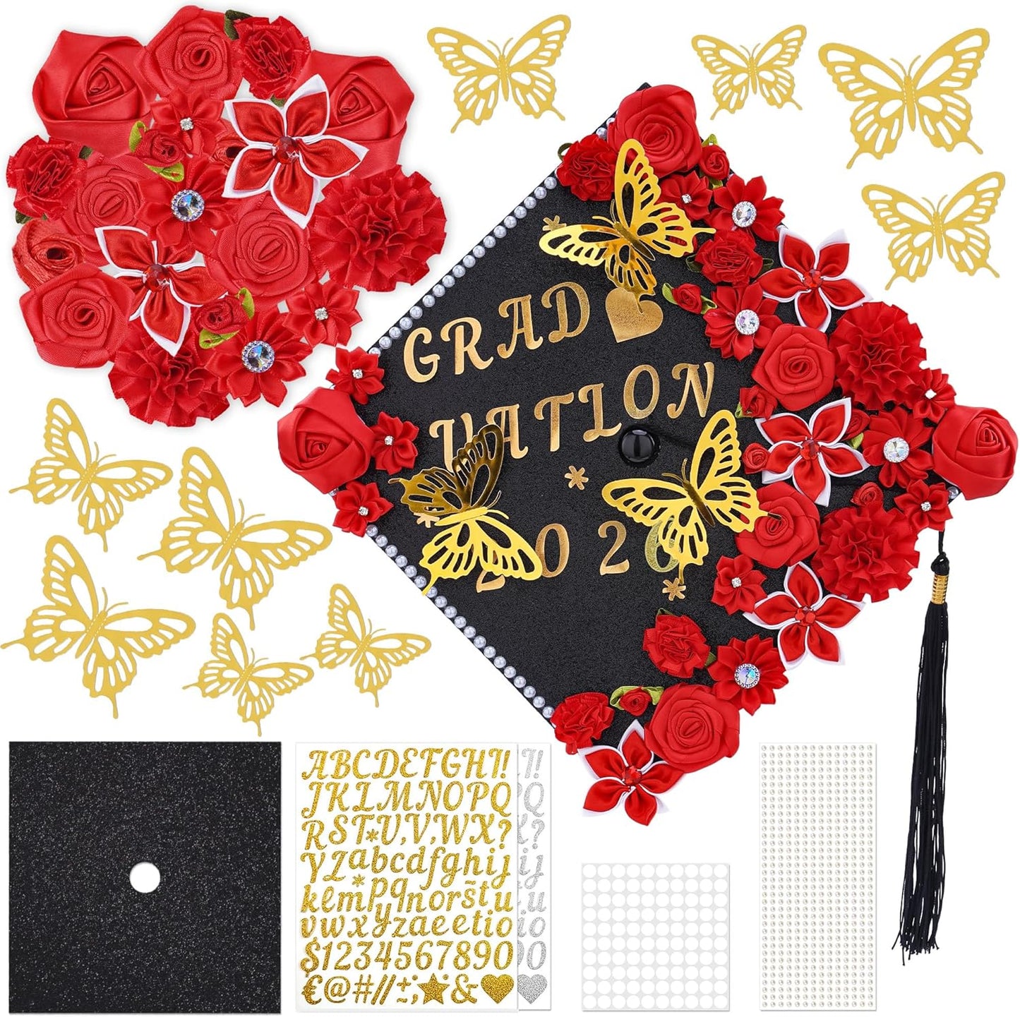 Graduation Cap Decoration Kit - 56 Pcs DIY Pink Flowers, Rhinestones & Glitter Butterflies | 2026 Grad Hat Topper