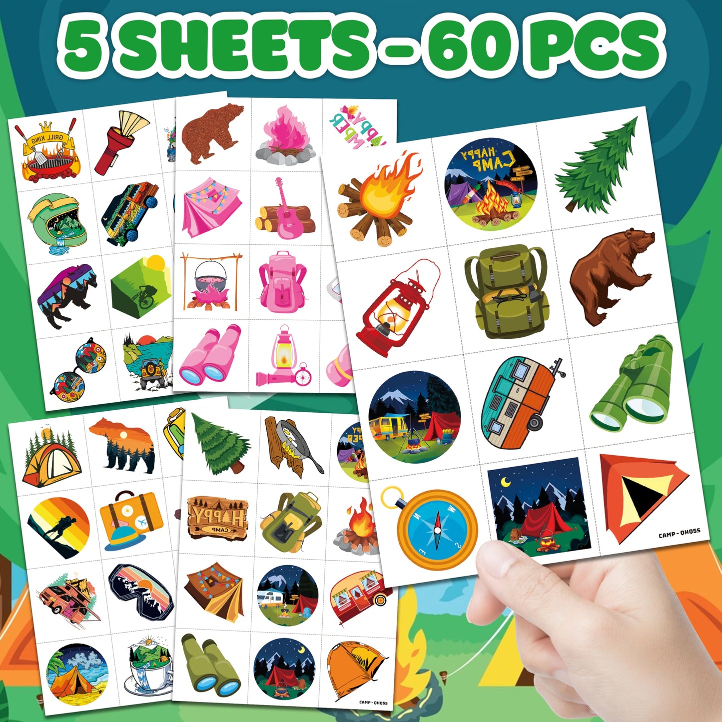 60 PCS Camp Camping Temporary Tattoos for Kids - Perfect for Classroom Rewards, Girls Scout Gifts, Birthday Party Supplies & Favors - Pre-Cut Super Cute Fake Tattoo Stickers (5 Sheets)