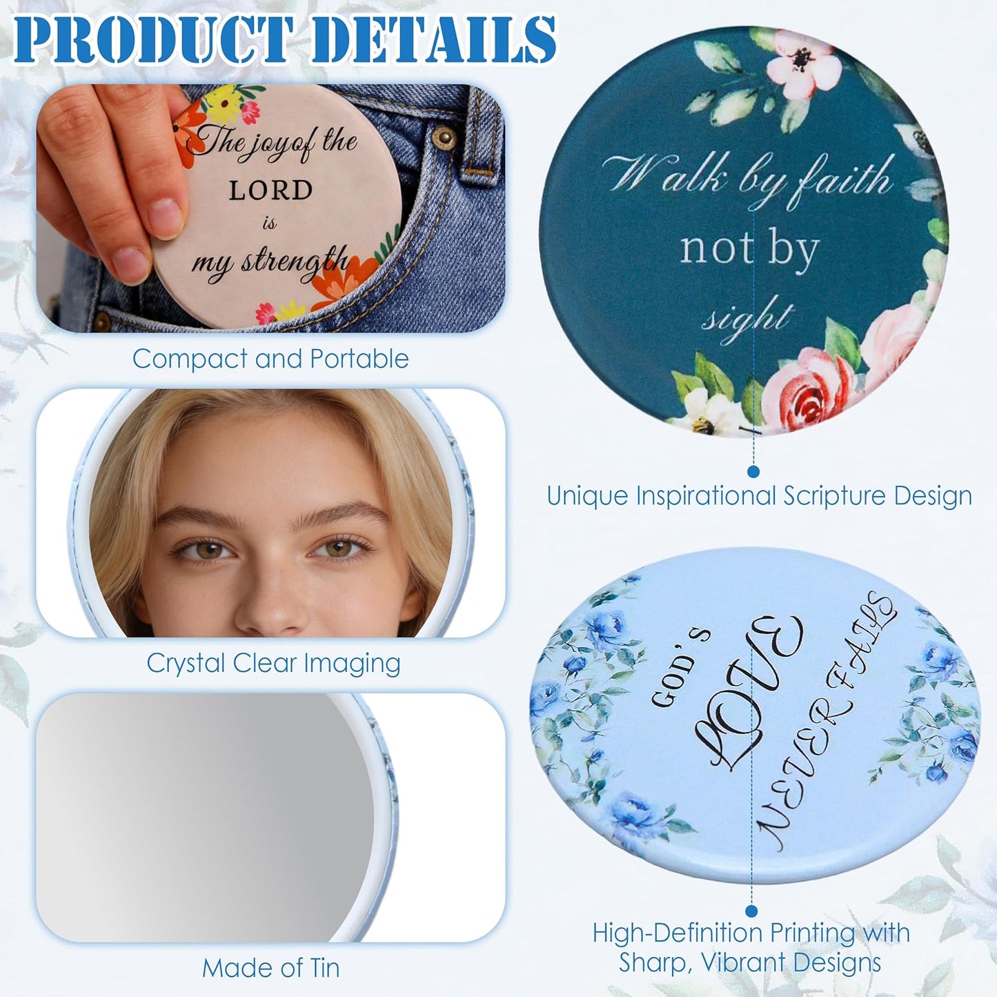 Bible Verse Pocket Makeup Mirrors - 36 Inspirational Floral Designs | Perfect for Christian Events, Gifts & Celebrations