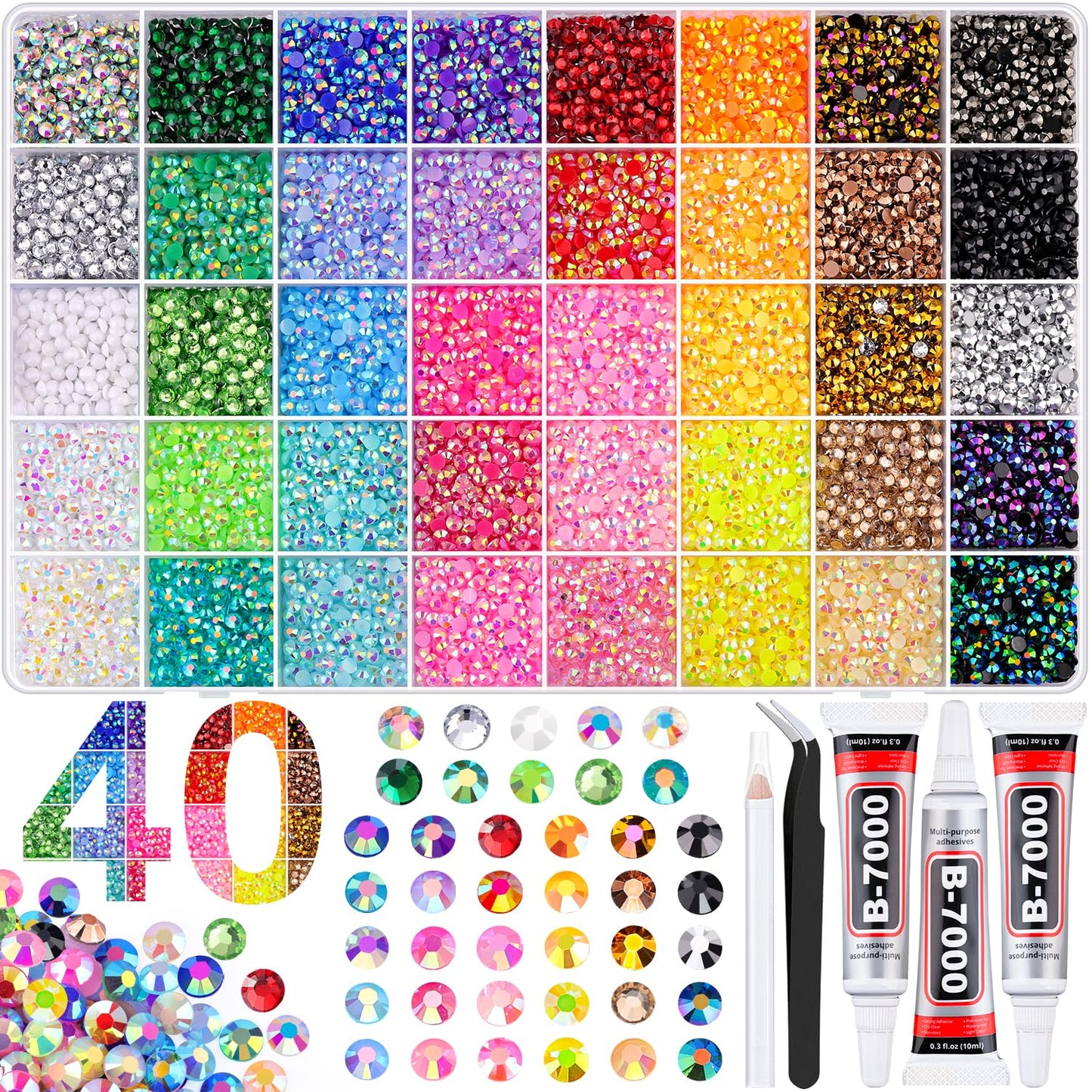 BELLEBOOST Jelly Rhinestones Bedazzling Kit - 45000 Pcs, 40 Colors, 3mm Flatback Gems for Crafting | Includes 3 Pcs B7000 Glue