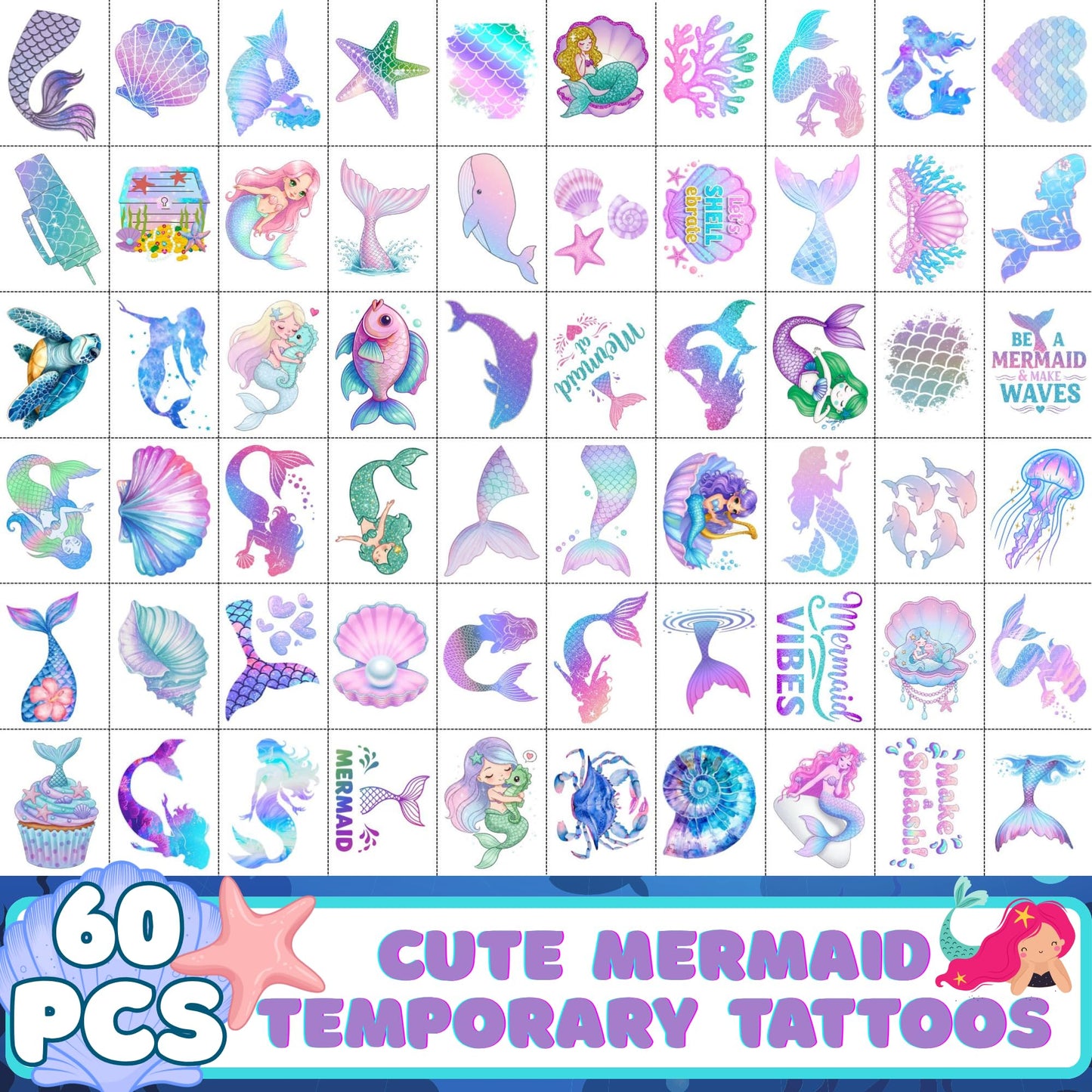 Mermaid Temporary Tattoos Stickers Under The Sea Themed Party Decorations Mermaid Themed Party Favors Supplies Accessories Under The Sea Themed Birthday Decorations Gift Idea For Kids Teen Boy Girl