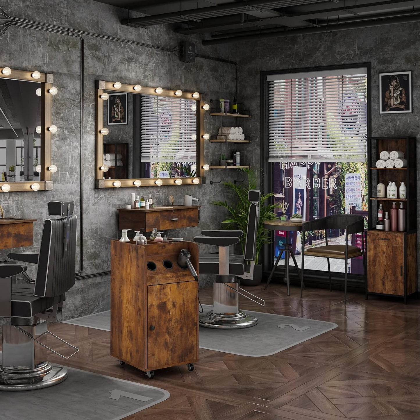 Salon Trolley Cart with Charging Station - Sturdy Rustic Brown | Hair Stylist Equipment