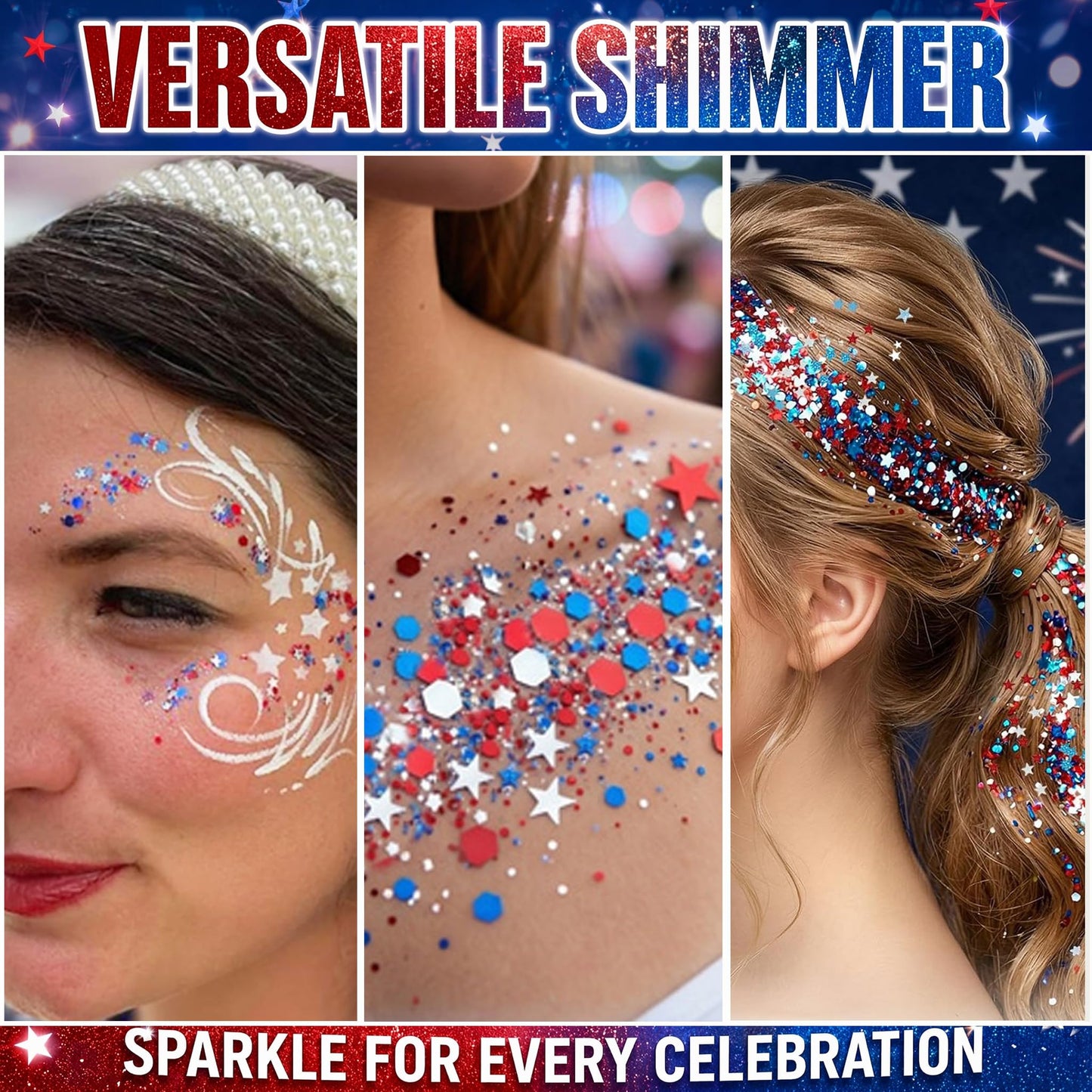 4th of July Glitter Stick, Patriotic Face & Body Glitter Stick, Red White and Blue Glitter Stick, 4th of July Outfits for Women, Waterproof Glitter Makeup for 250th Anniversary of Independence Day