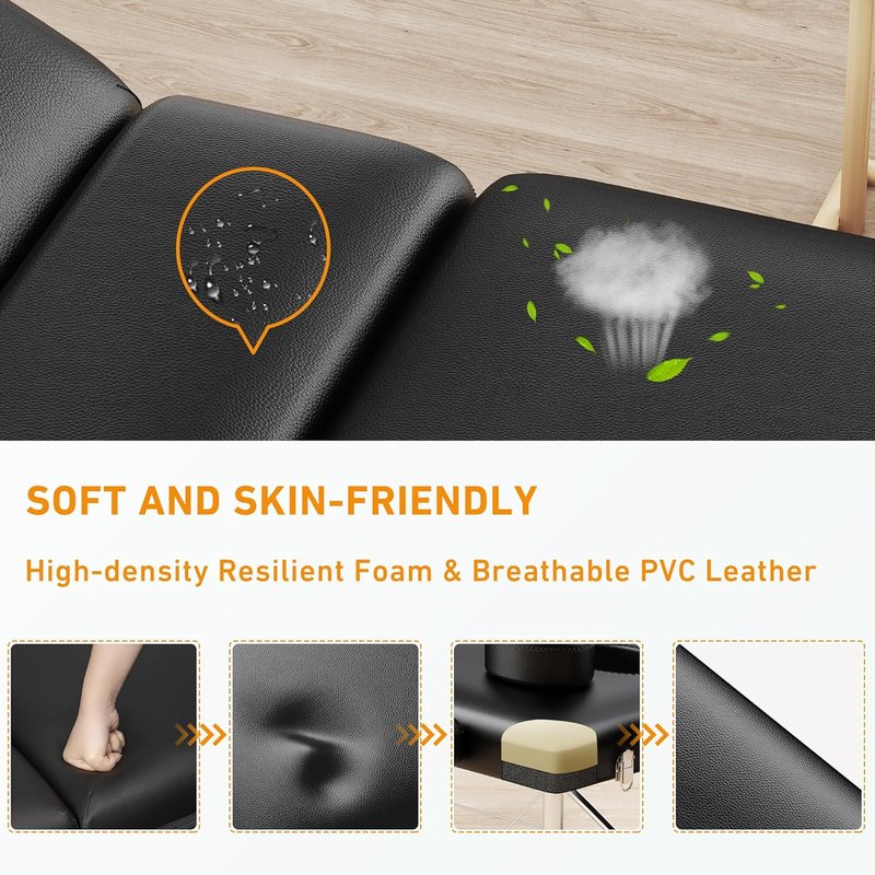 Portable Massage Table - 84" Long | Professional 3-Section Reclining Couch for SPA & Tattoo Use - Black