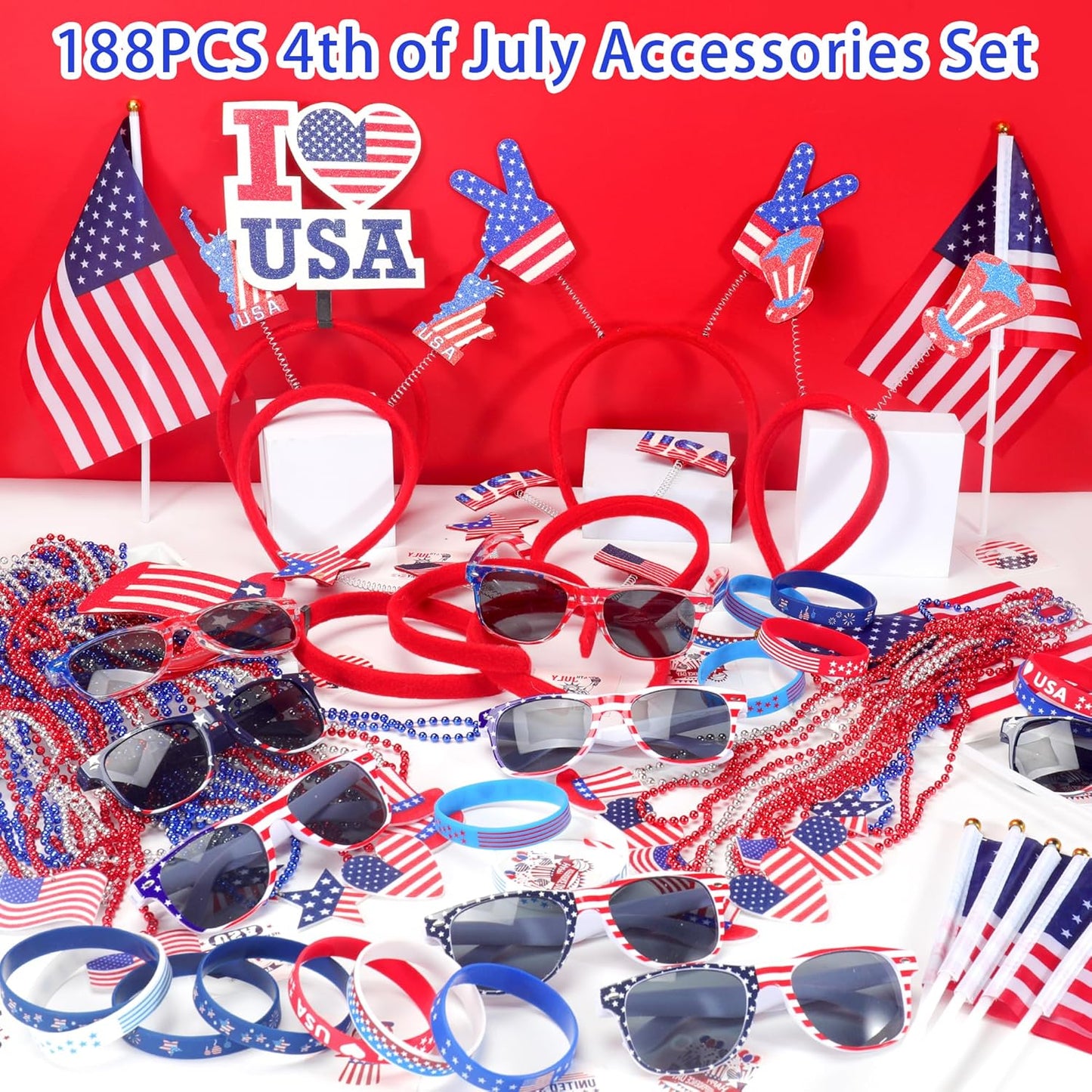 4th of July Accessories Set - 188PCS Party Favors & Decorations | Headbands, Glasses, Necklaces, Tattoos