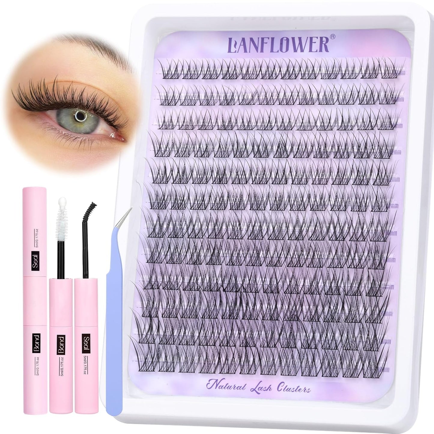 Natural Lash Clusters Kit - Wispy C Curved Eyelash Extensions | 8-16mm Individual Lashes with Bond & Tweezers