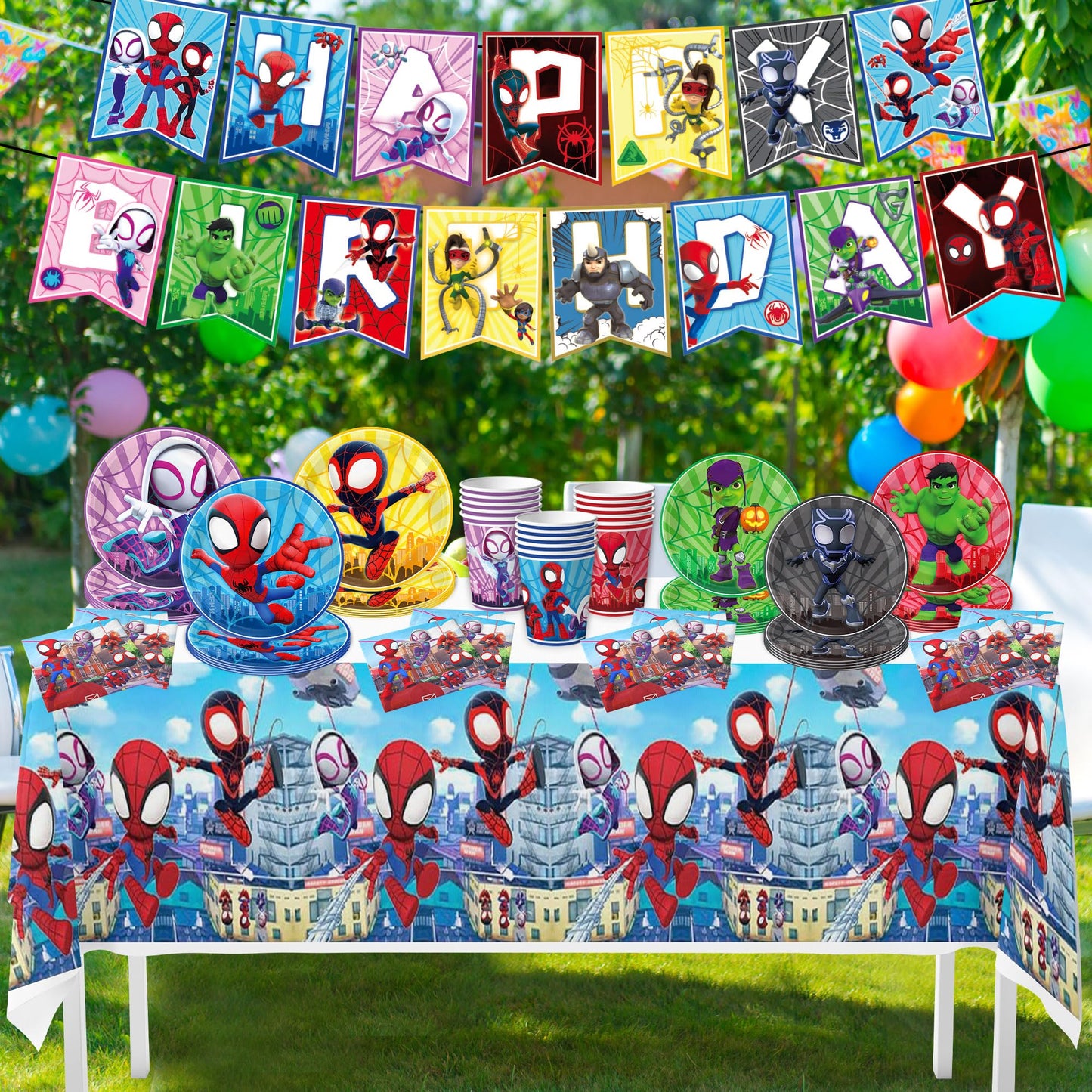 Birthday Party Supplies,68 pcs Party Decorations include 6 Different Style Paper Plates,2 Large Tablecloth,Happy Birthday Banner,Napkins and Cups for Boys Girls Decor, Serve 15+ Guest