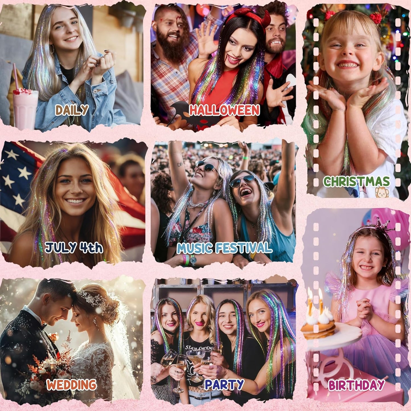 Hair Tinsel Kit - 18 Colors Sparkling Glitter Extensions for Girls | 8600 Strands for Festivals & Parties