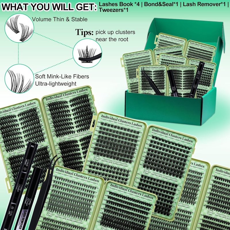 Lash Clusters Kit - Wispy Cat Eye Eyelash Extensions | 2304PCS DIY Set with Bond, Seal, Remover & Tweezers
