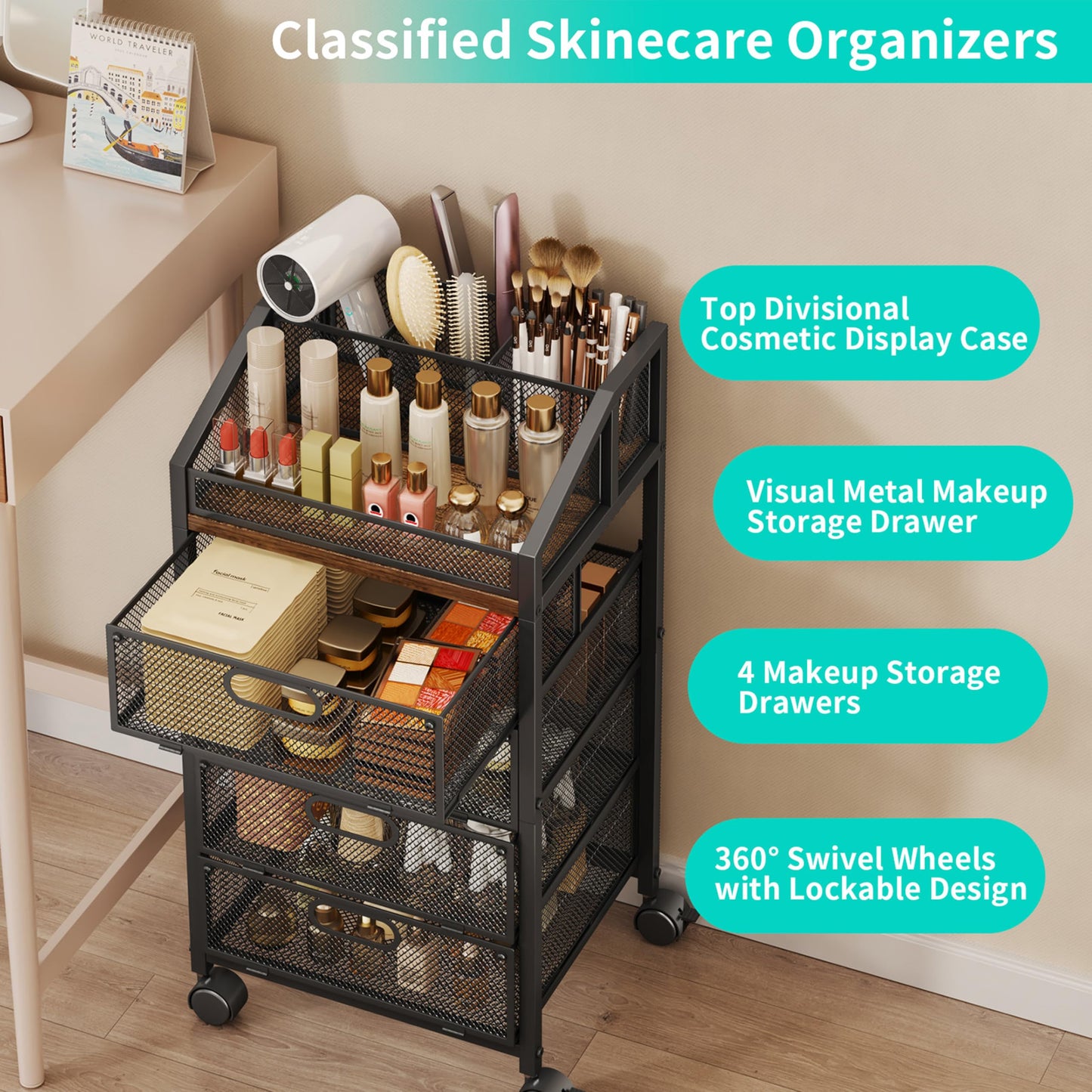 HapiRm Rolling Makeup Organizer Cart- Under Desk Vanity Storage with 4 Drawers, Floor Nail Cart Skincare Organizers Cosmetics Display Cases for Nail Polish Perfume Makeup Brush Hair Tool, Black
