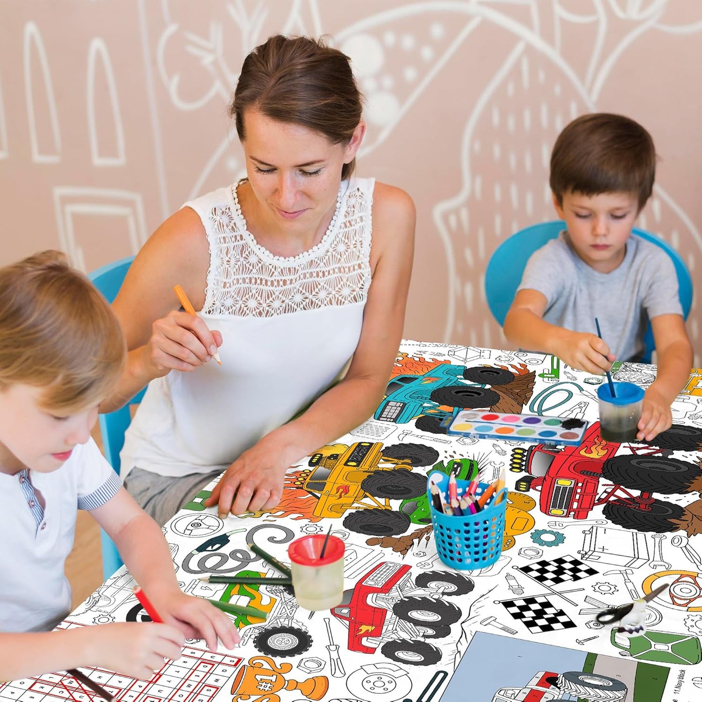Monster Truck Coloring Tablecloth - Large 30x72 Inch for Kids | Perfect for Birthday Parties & Classroom Fun