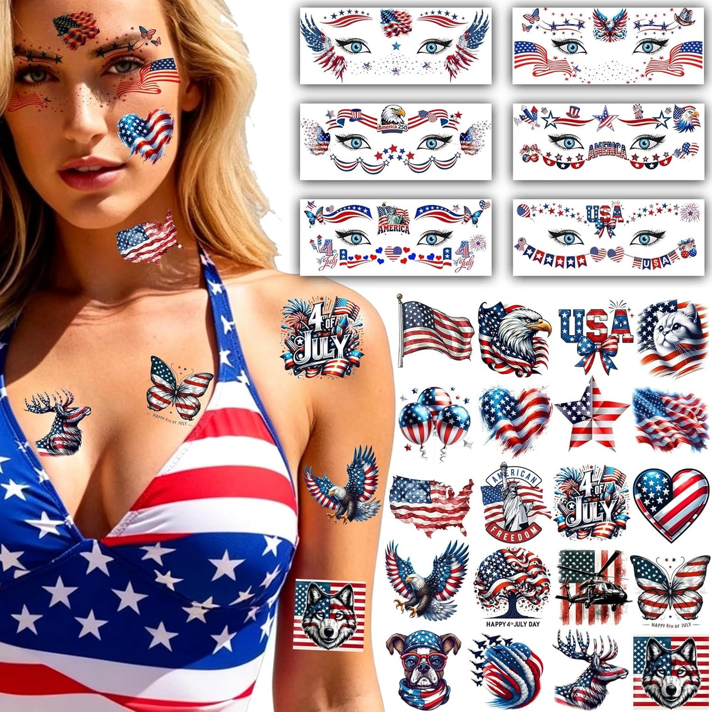 Fourth of July Temporary Tattoos - 49 PCS American Patriotic Stickers | Red, White & Blue USA Flag Designs