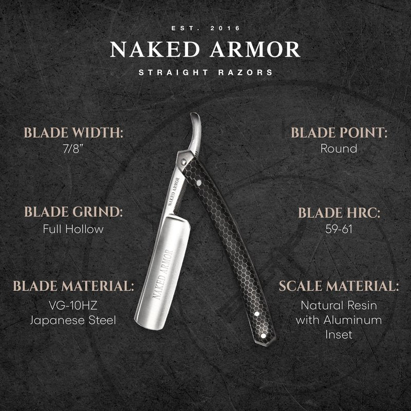 Naked Armor Elyan Straight Razor - Shave Ready 7/8" Round Nose Japanese Steel Straight Razors for Men with Resin Scale, Case Included, Close Shave