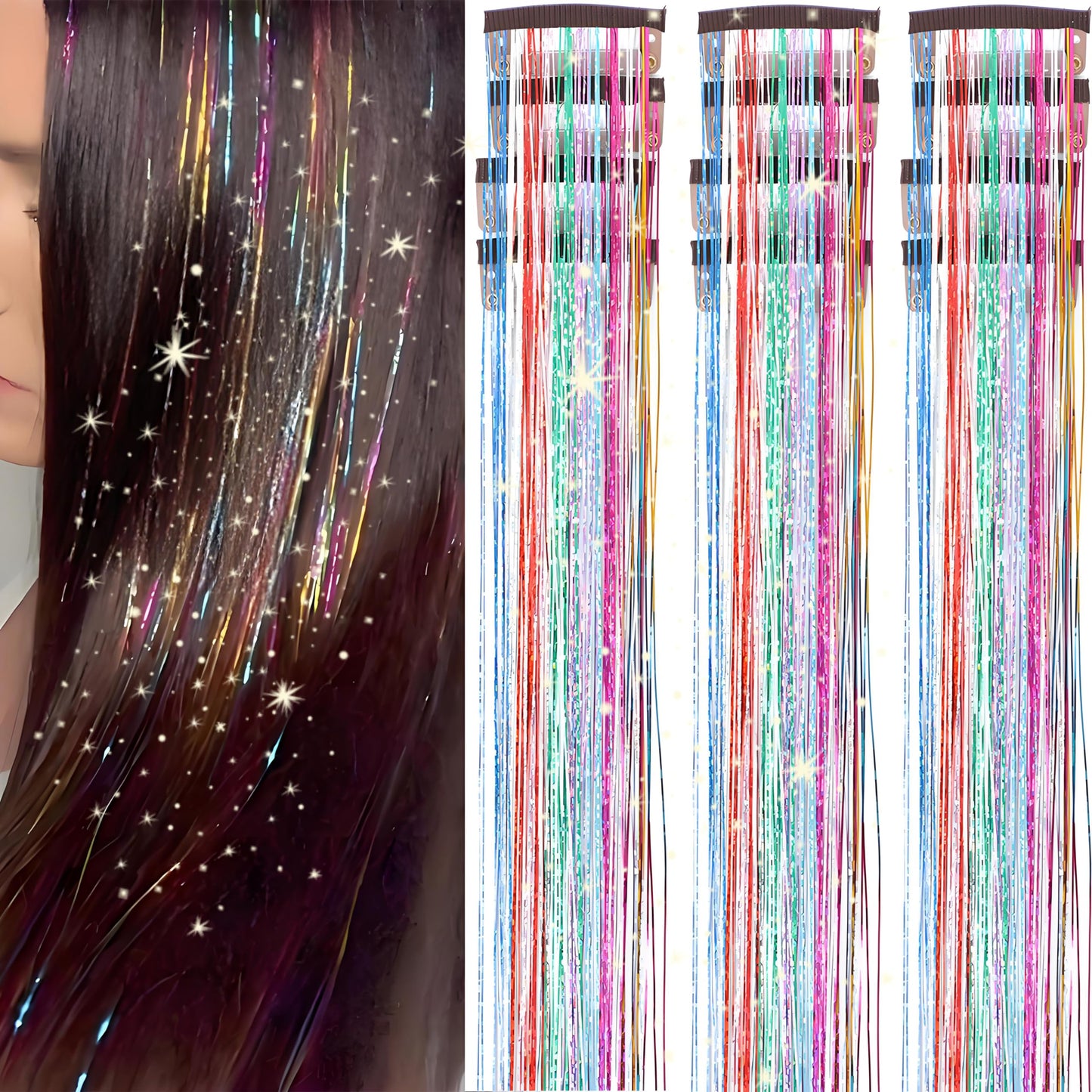 Hair Tinsel 12 Pcs Clip in Hair Tinsel Kit for Girls 22 Inch Glitter Fairy Tinsel Hair Extensions Colorful Heat Resistant Party Festival Accessories for Women Kids (rainbow)