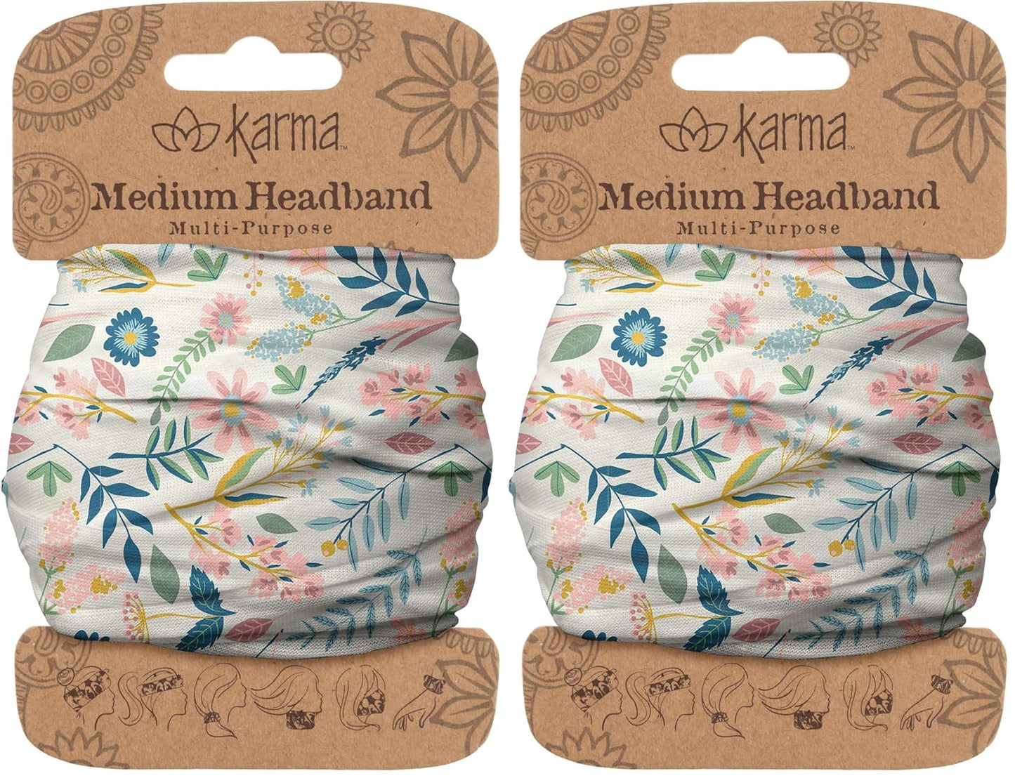 Floral Headband for Women | Stretchy Fabric Hair Scarf - Light Tan & Blue - Medium Size