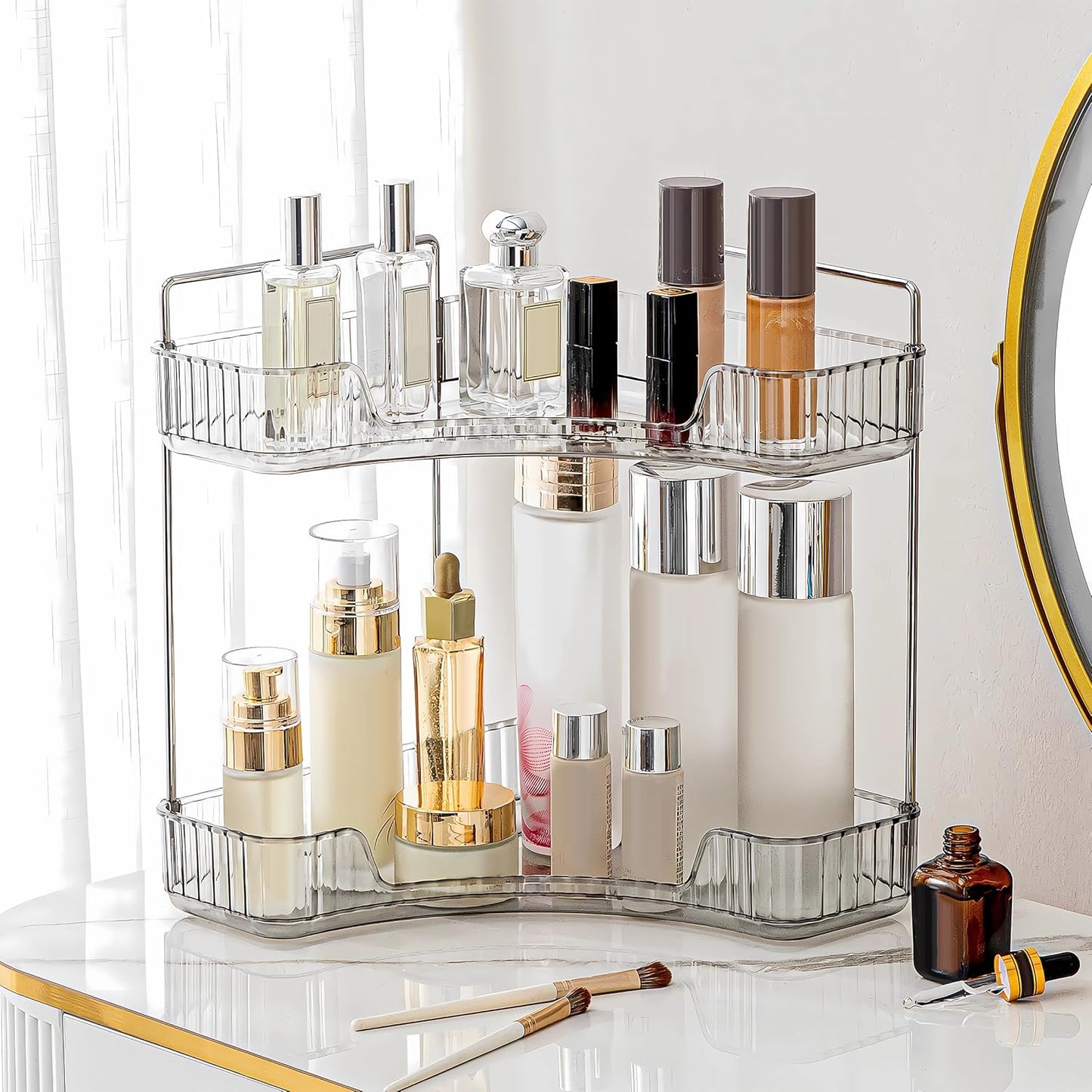 3 Tier Corner Bathroom Organizer - Stylish Makeup & Perfume Shelf for Vanity | Grey