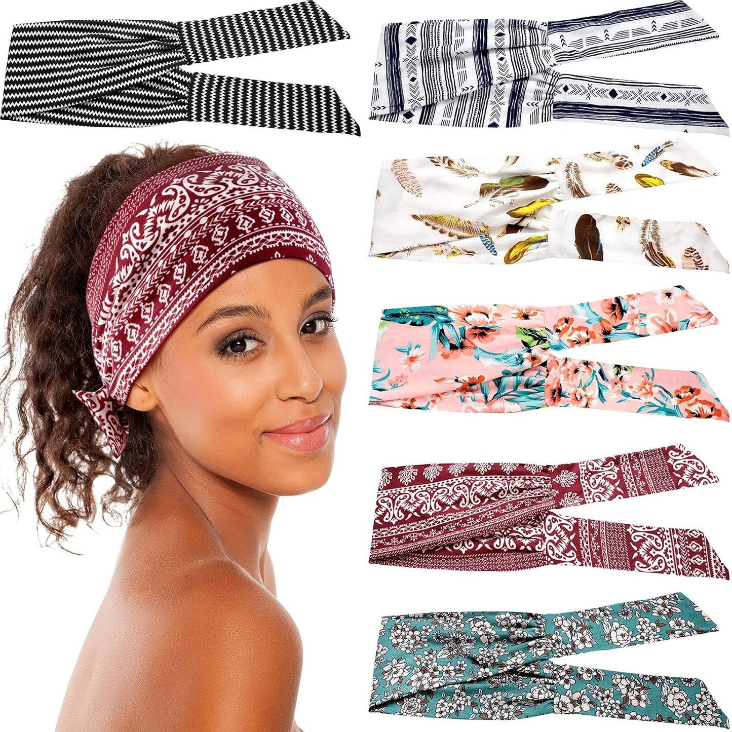 WILLBOND 6 Pcs Adjustable Tie Headbands for Women - Non-Slip Floral Hairbands for Yoga, Running & Cycling