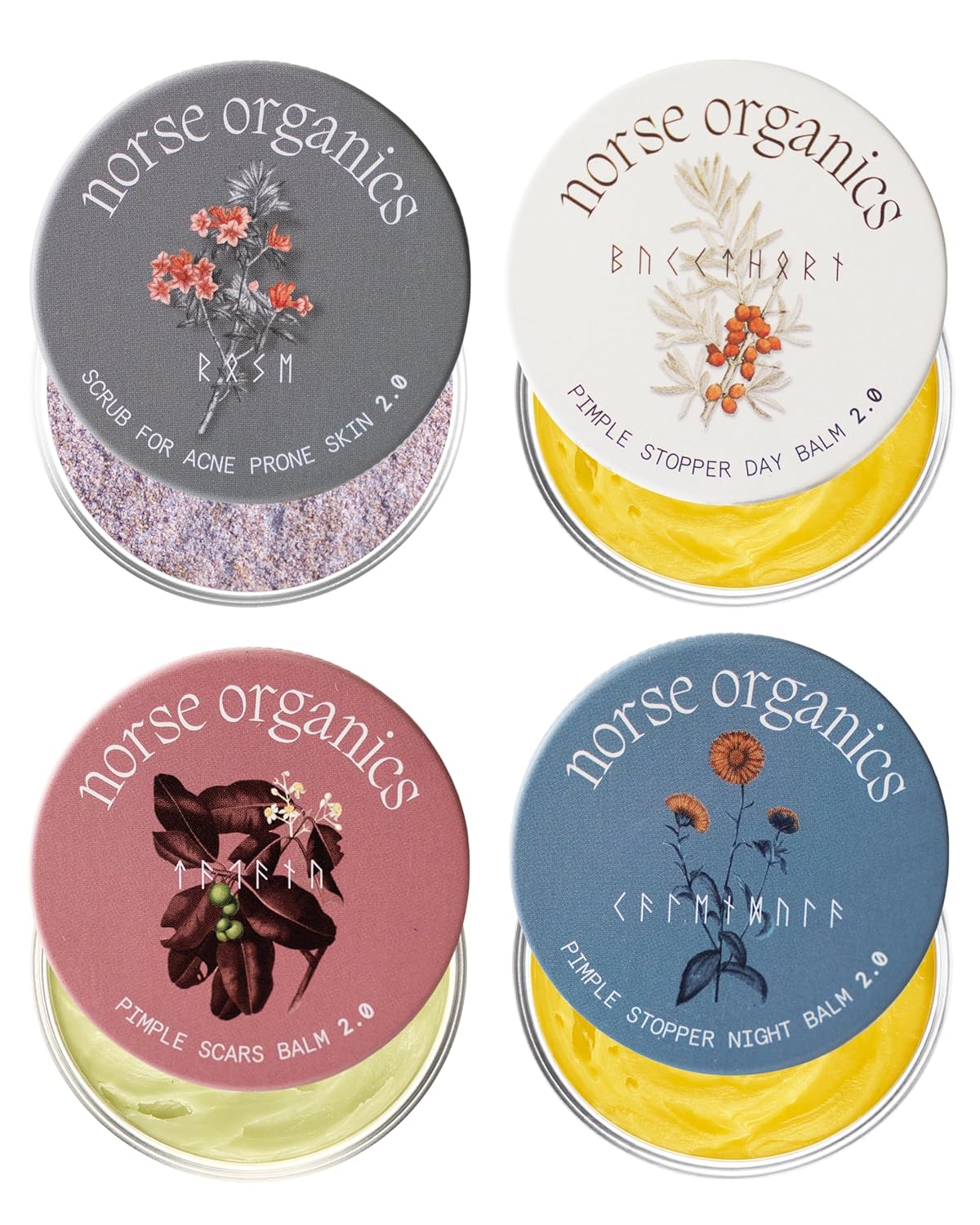 Norse Organics Complete Pimple Treatment Kit - 4 Step Skincare System with Natural Arctic Herbs | Day & Night Balms, Scrub, Scar Balm | All Skin Types (4 pcs)
