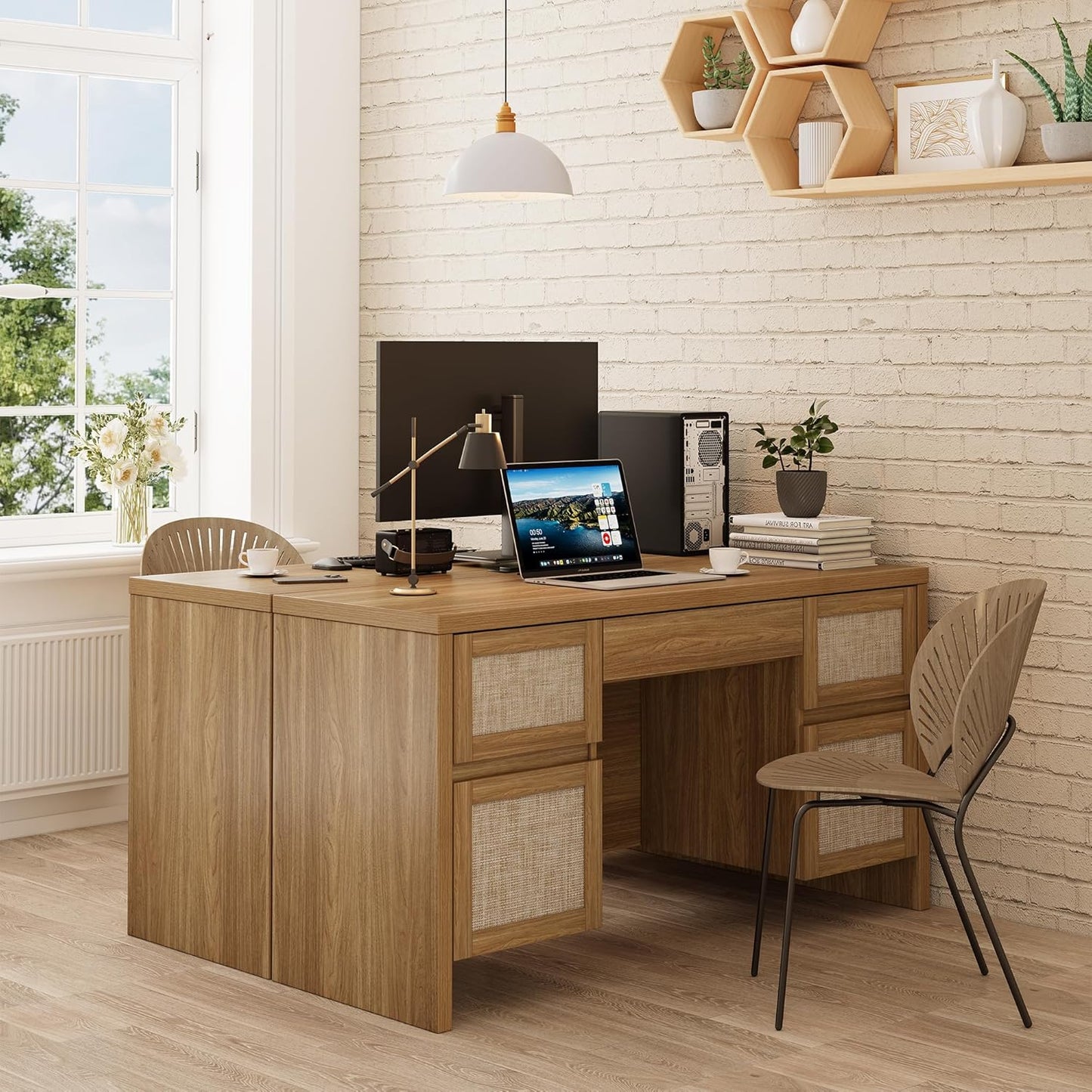 Yechen Executive Desk - 57" Modern Rattan Home Office Desk with Charging Station | Walnut Brown, 5 Drawers