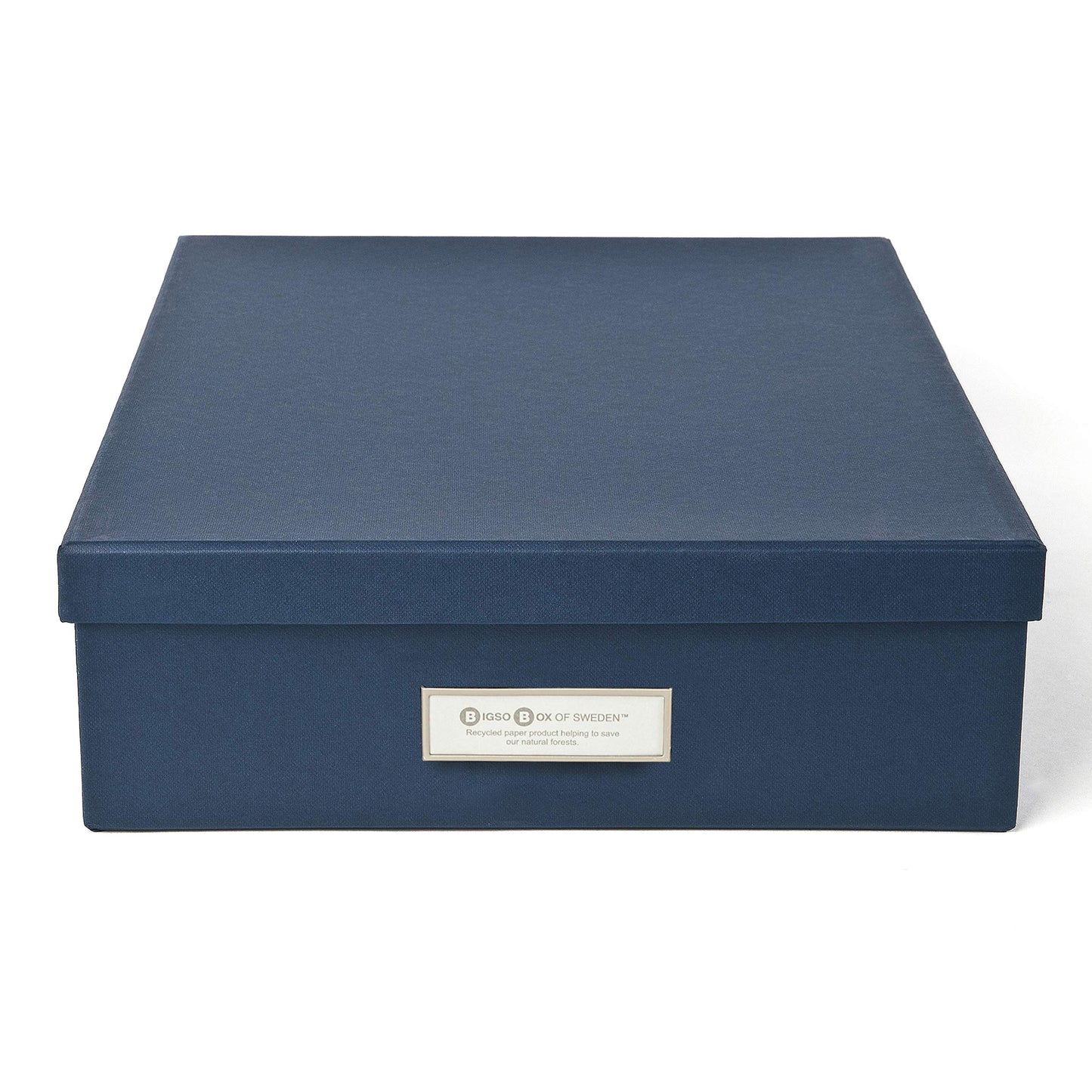 Bigso Oskar Fiberboard Label Frame Document Letter Box - File Organizer Box for Important Paperwork - Document Storage with a Lid & Metal Label Window - 3.3 in x 10.2 in x 13.8 in - Dark Blue