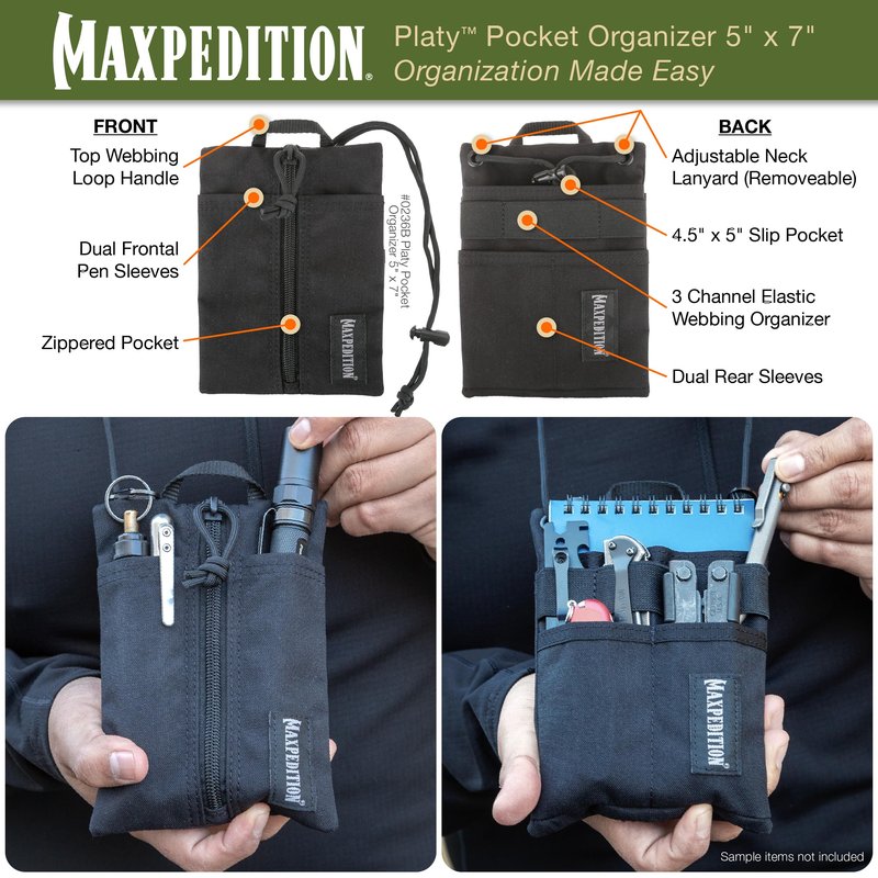 MAXPEDITION Platy Pocket Organizer, Durable EDC Tool Pouch for Men, Neck Wallet with Paracord Lanyard, Holds Flashlight, Multitool, Pen, Notebook (Black, 5" x 7")