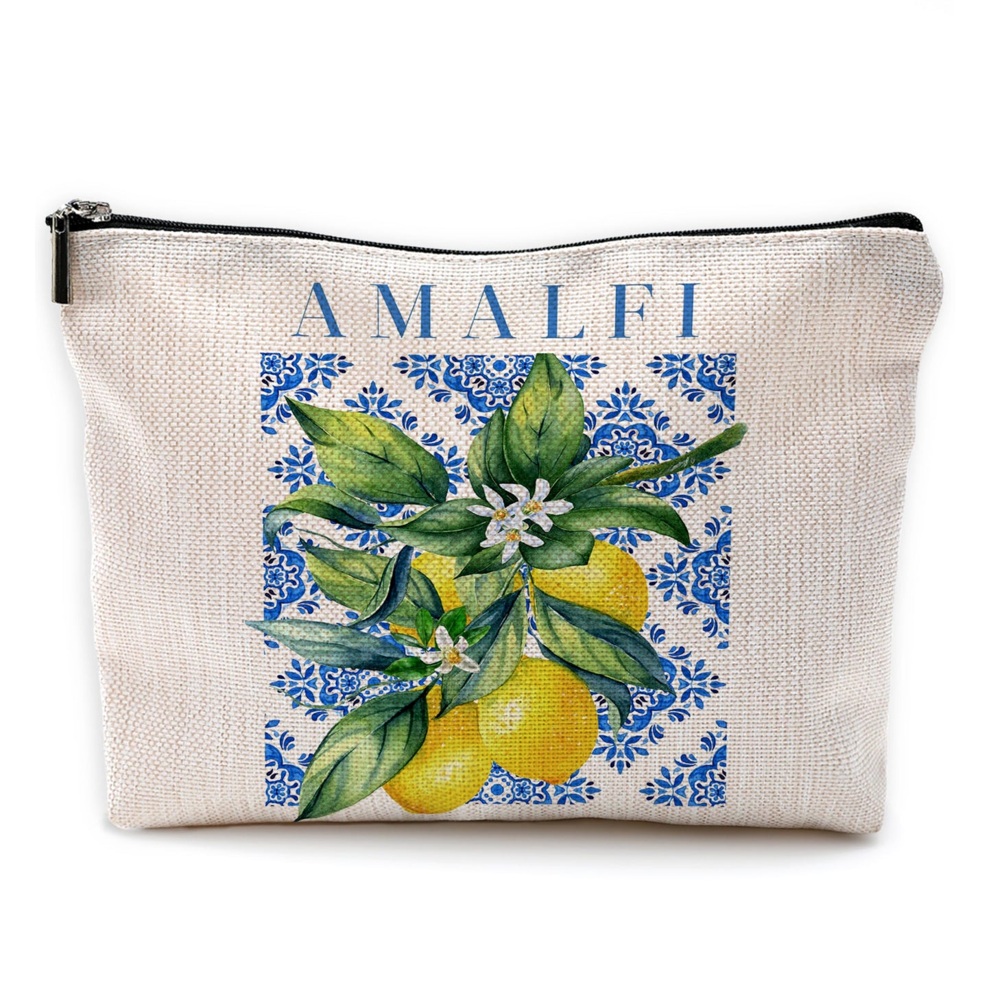 Yomisex Italian Amalfi Coast Lemon Makeup Bag, Blue and White Floral Cosmetic Bags Toiletry Bag for Women, Italian Themed Gifts, Mediterranean Tiles Lemon Tree Makeup Pouch