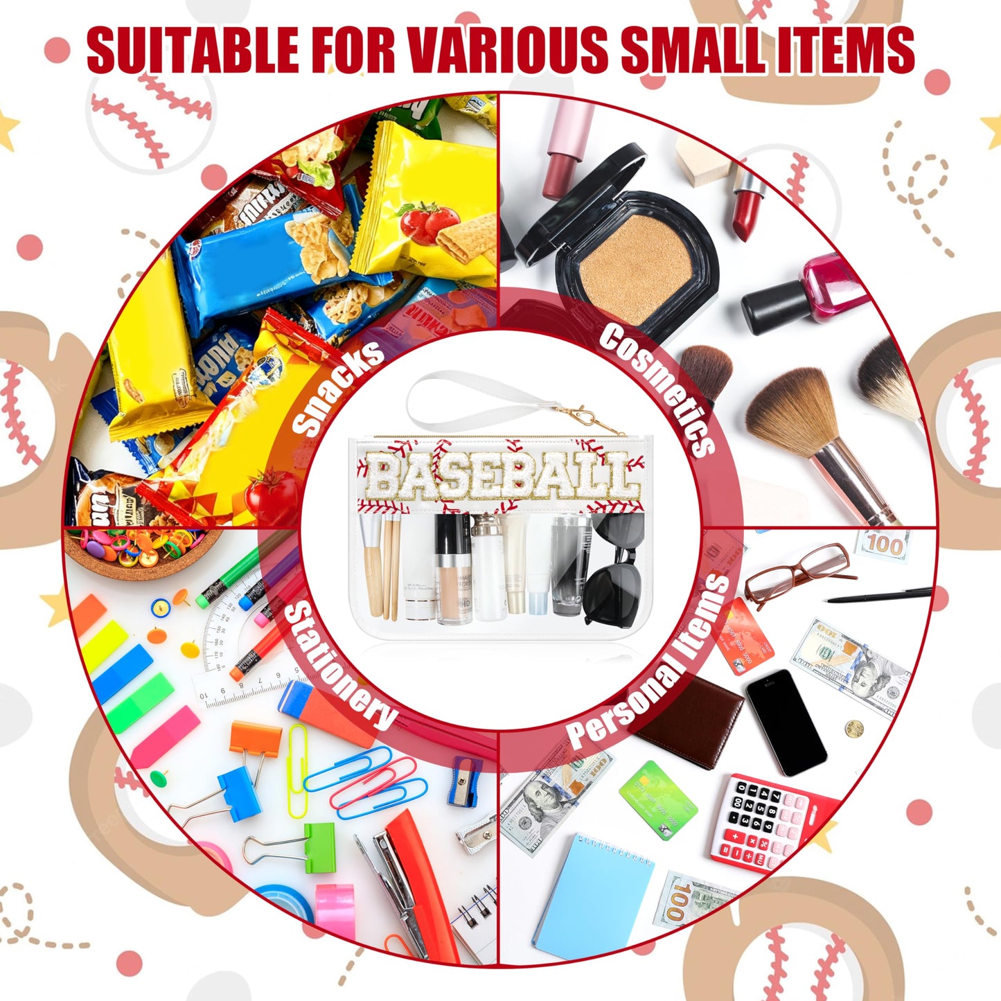BuyCard Baseball Gifts Makeup Bag with Chenille Letter Patch, Clear Cosmetic Pouch PVC Organizer Purse, Waterproof Travel Bag, Portable Toiletry Storage Bag for Her Friends
