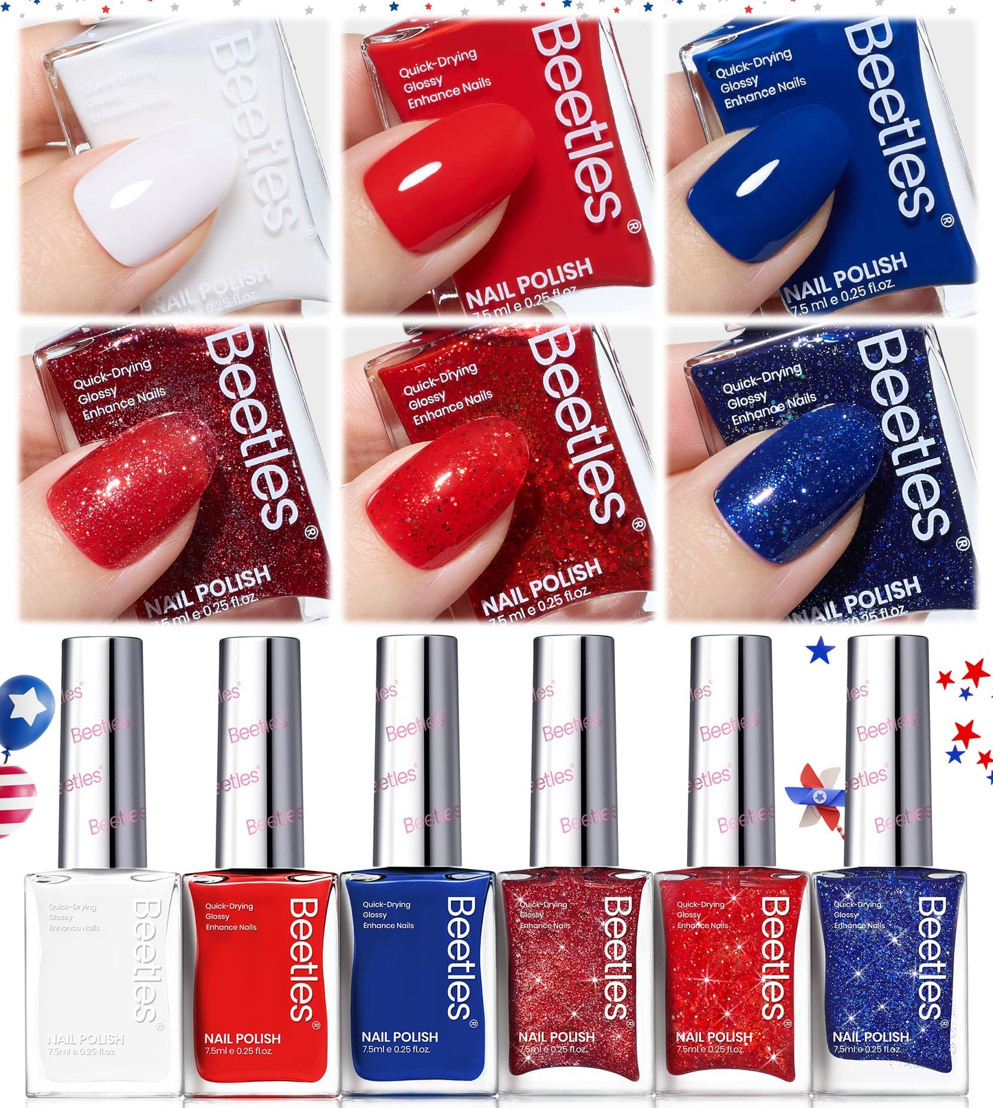 Beetles 4th of July Nail Polish - Midnight Fireworks, 6 Colors Red White and Blue Nail Polish Set Sparkle Glitter Fingernail, Quick Dry Long Lasting DIY Red White and Blue Nails Art Design for Summer