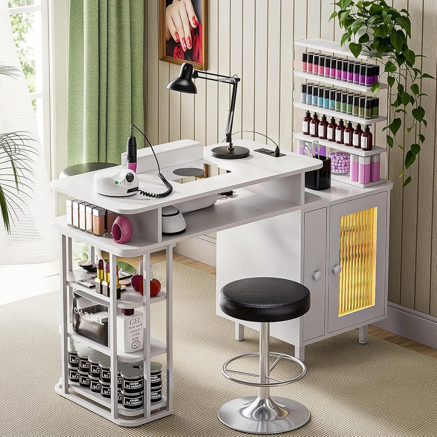 Manicure Table with LED Light - Nail Tech Desk with Dust Collector & Charging Station | White
