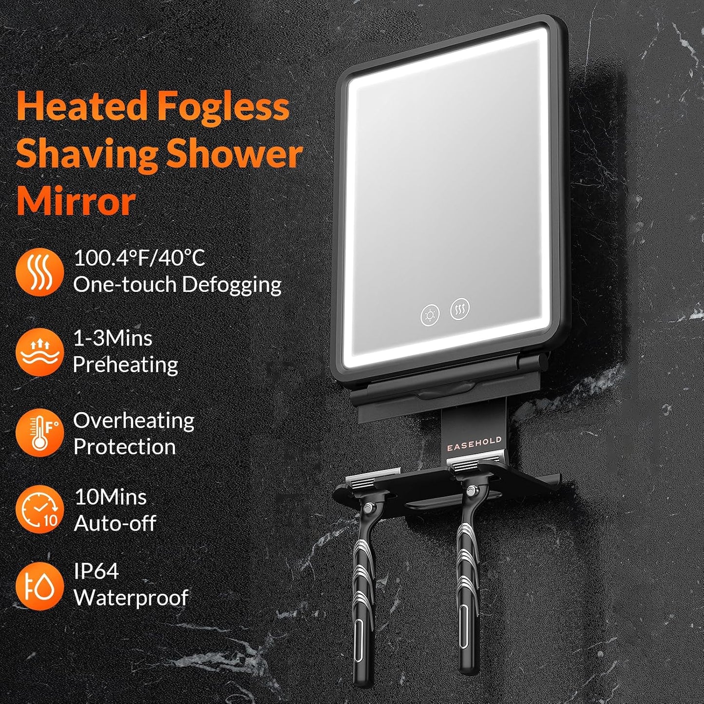 Fogless Shower Mirror for Shaving - Heated LED with 3 Color Lights | Adjustable Anti-Fog Holder & Storage Tray