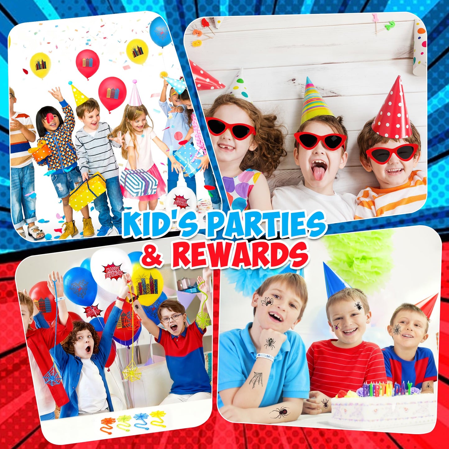 HandTool 100pcs Spider Party Favors, Hero Theme Birthday Party Supplies Including Silicone Bracelets Sticky Spider Webs Bubble Wands Temporary Tattoos, Birthday Decorations Classroom Rewards for Kids