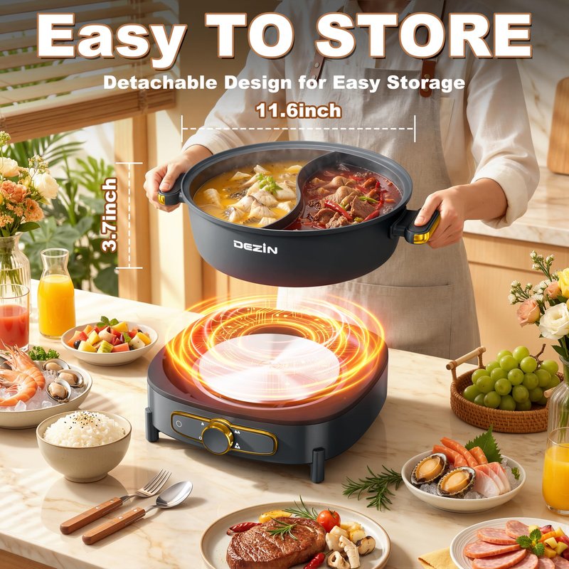 Dezin Hot Pot Electric with Divider, 6L Double-Flavor Shabu Shabu Pot, Dual Sided Removable Non-Stick Hotpot Pot Electric, 3" Depth Chinese Hot Pot with Multi-Power Control, 2 Silicone Ladles Included