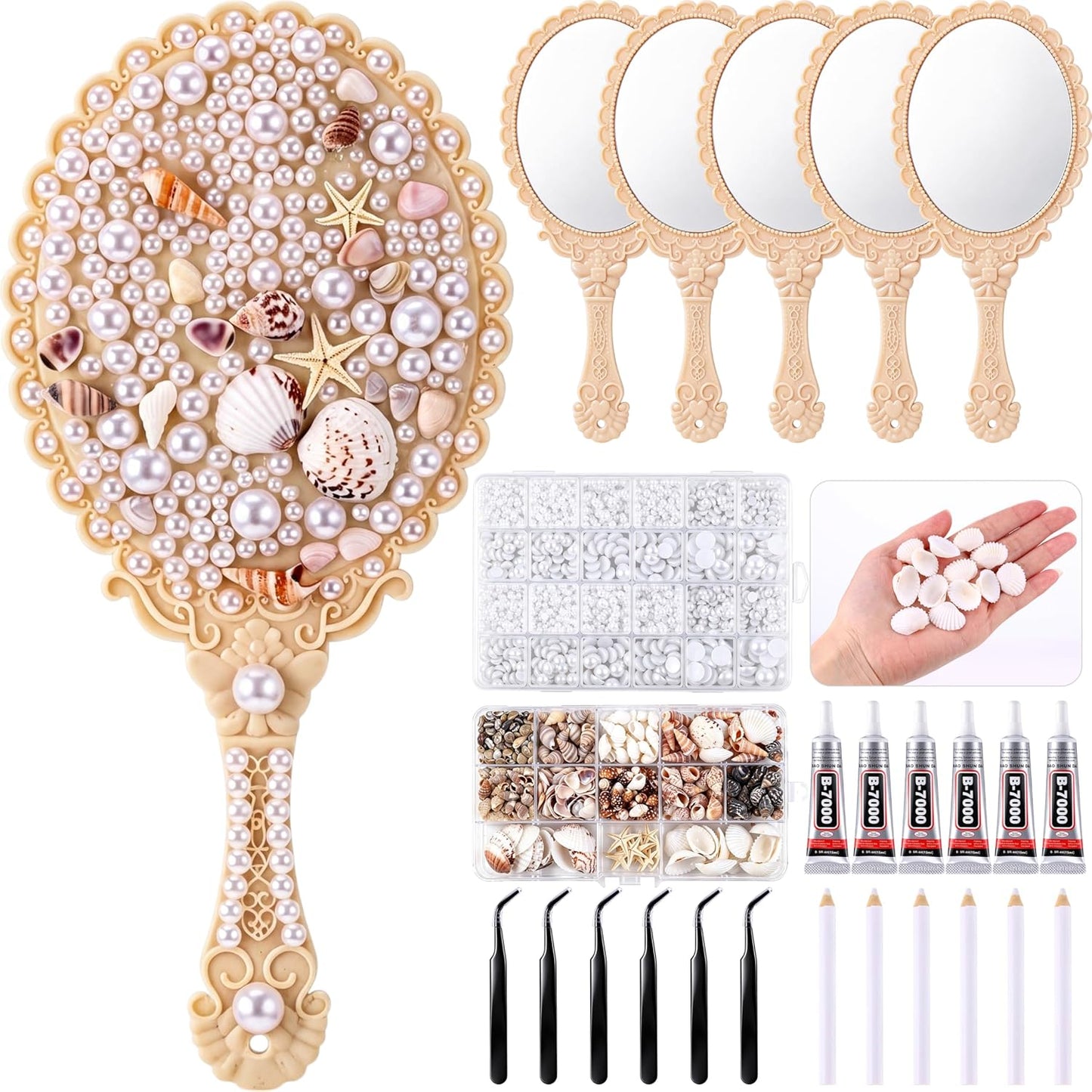 Mermaid Hand Mirror Crafts Kit - DIY Decor with Shells & Pearls | Perfect Party Favor for Weddings & Birthdays
