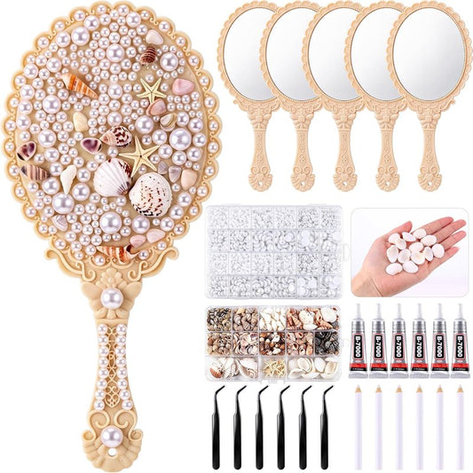 Mermaid Hand Mirror Crafts Kit - DIY Decor with Shells & Pearls | Perfect Party Favor for Weddings & Birthdays