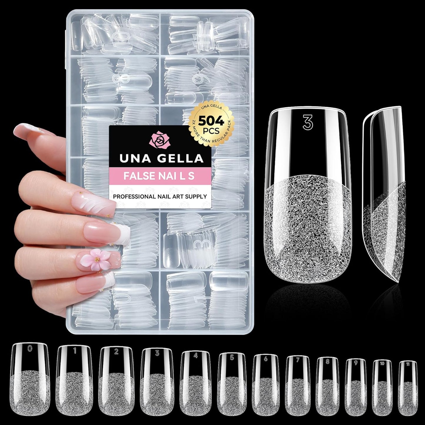 Medium Stiletto Press-On Nails - 504 Pcs Clear Gel Nail Tips | Full Cover Pre-Etched Acrylic, 12 Sizes Available