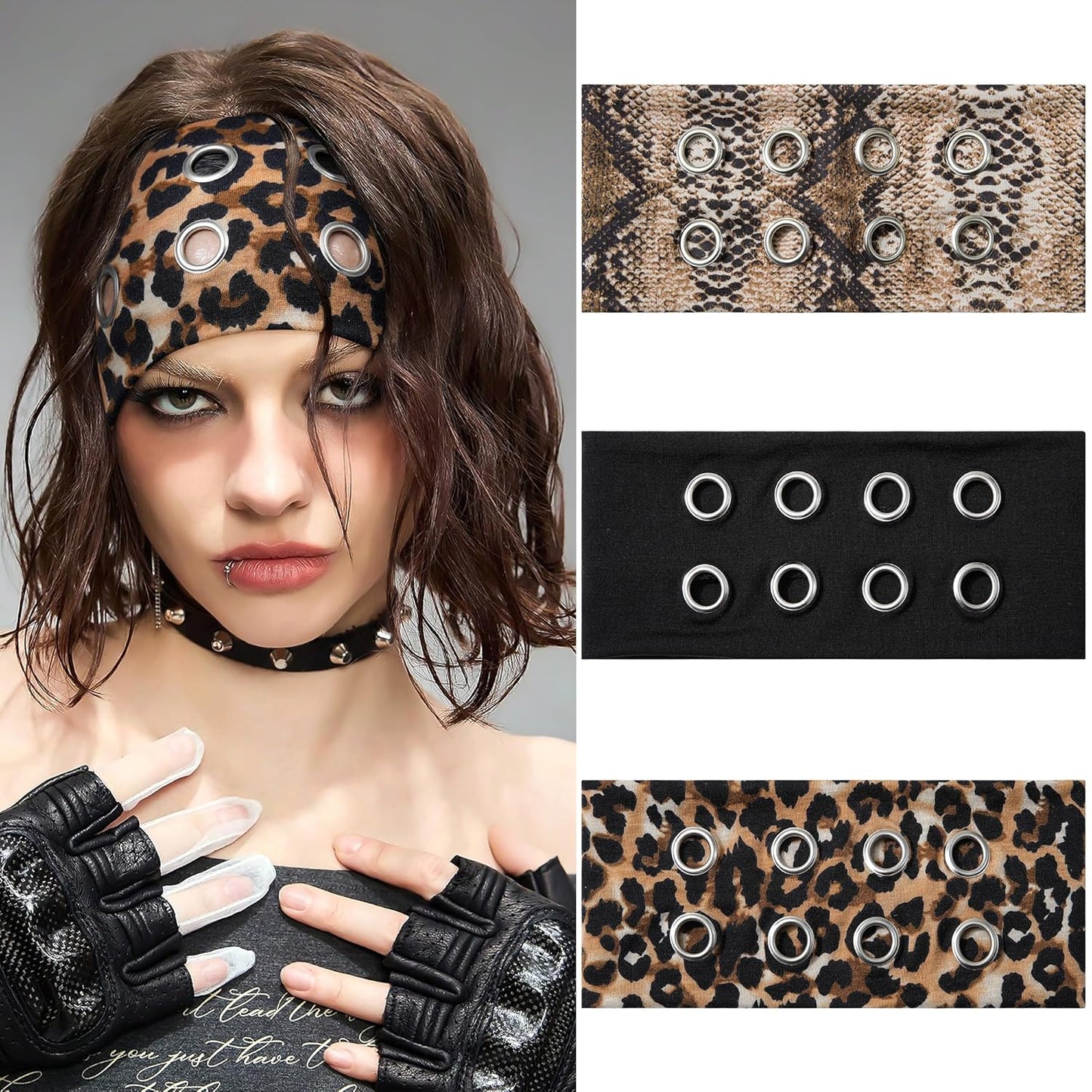 Fashion Grommet Wide Headbands for Women - 3 Pack Hollow Out Elastic Hair Accessories | Black, Snakeskin, Leopard, 3.9" Wide