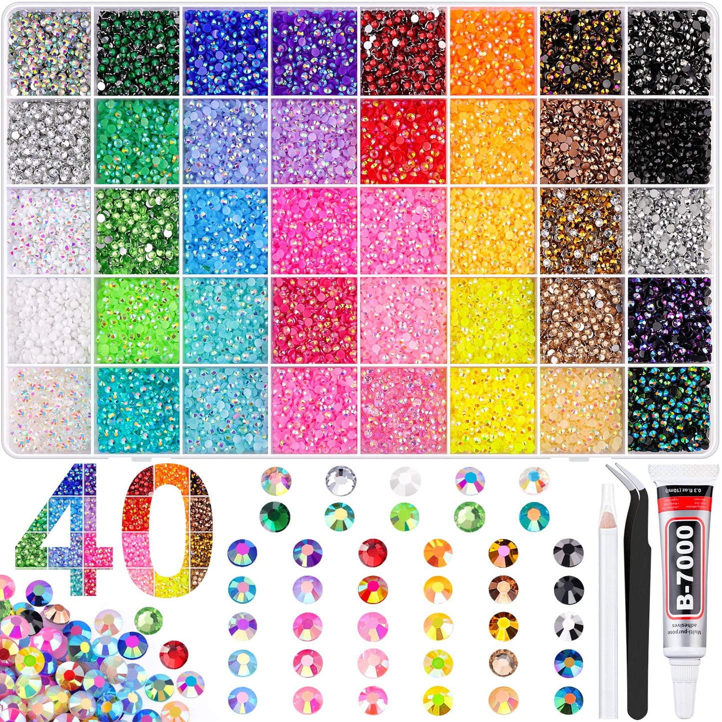 BELLEBOOST Jelly Rhinestones Bedazzling Kit - 45000 Pcs, 40 Colors, 3mm Flatback Gems for Crafting | Includes 3 Pcs B7000 Glue
