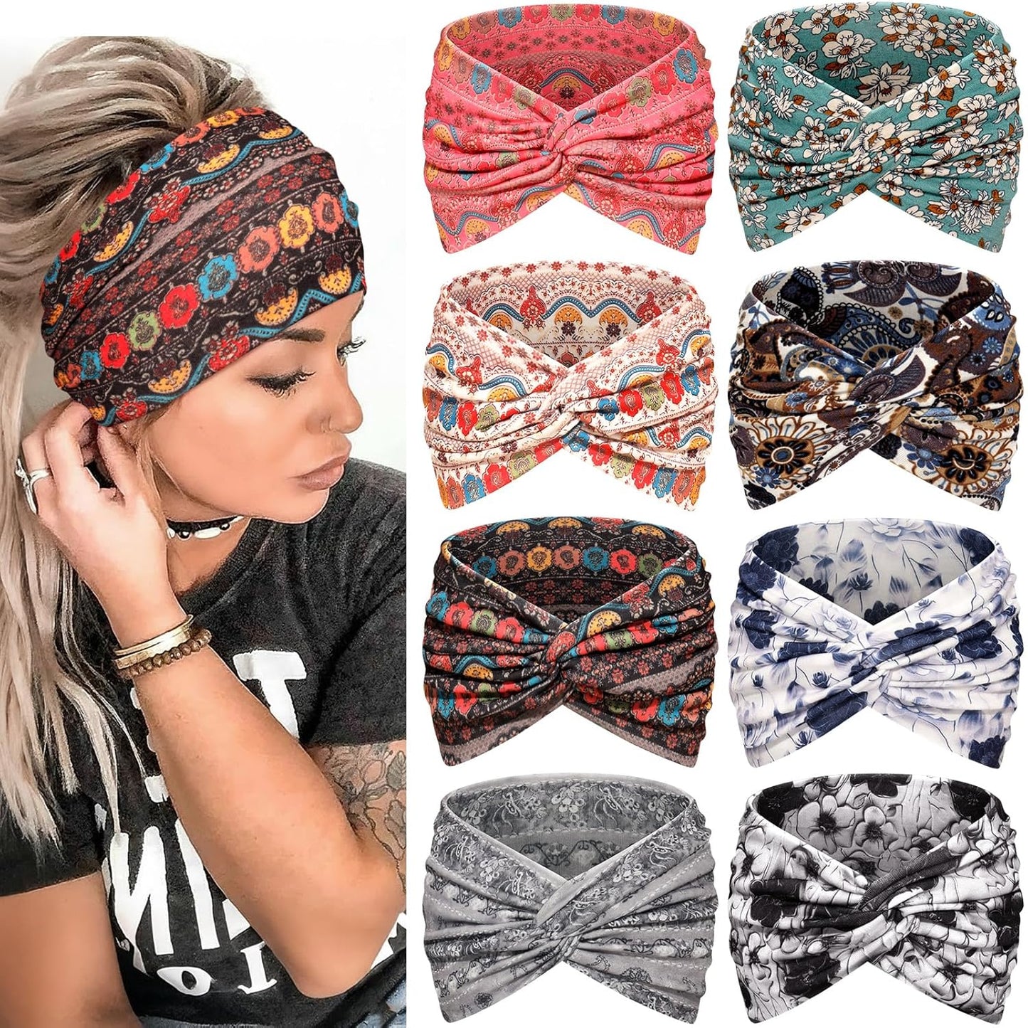 Wide Headbands for Women - 7.08 Inch Thick Boho Turban Hair Wraps | Non-Slip, Moisture-Wicking, 8 Pack Multi Colors