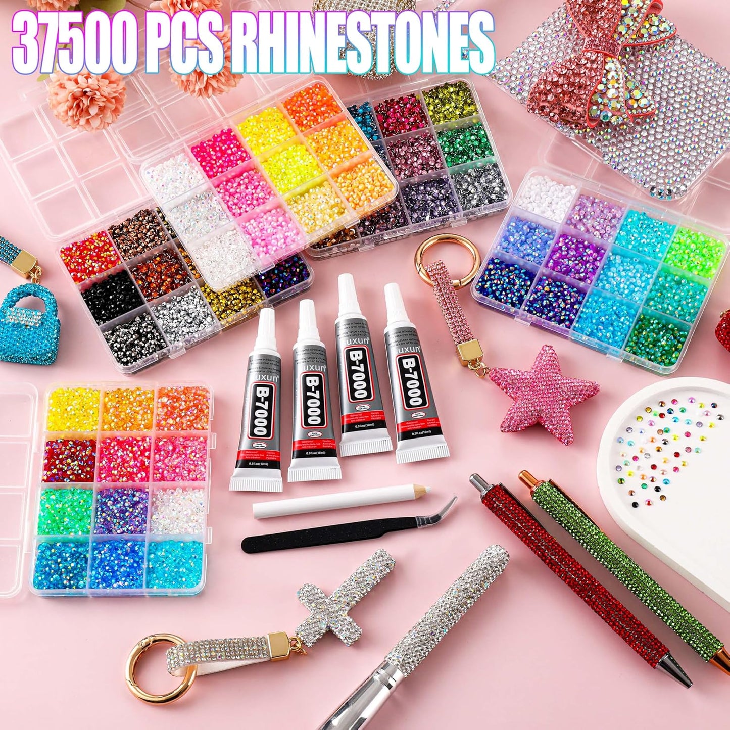 Rhinestone Bedazzling Kit - 37500 Pcs of 60 Colors 3mm Flatback Gems with Glue, Tweezers & Pickup Pen | Ideal for Nail Art & Crafting