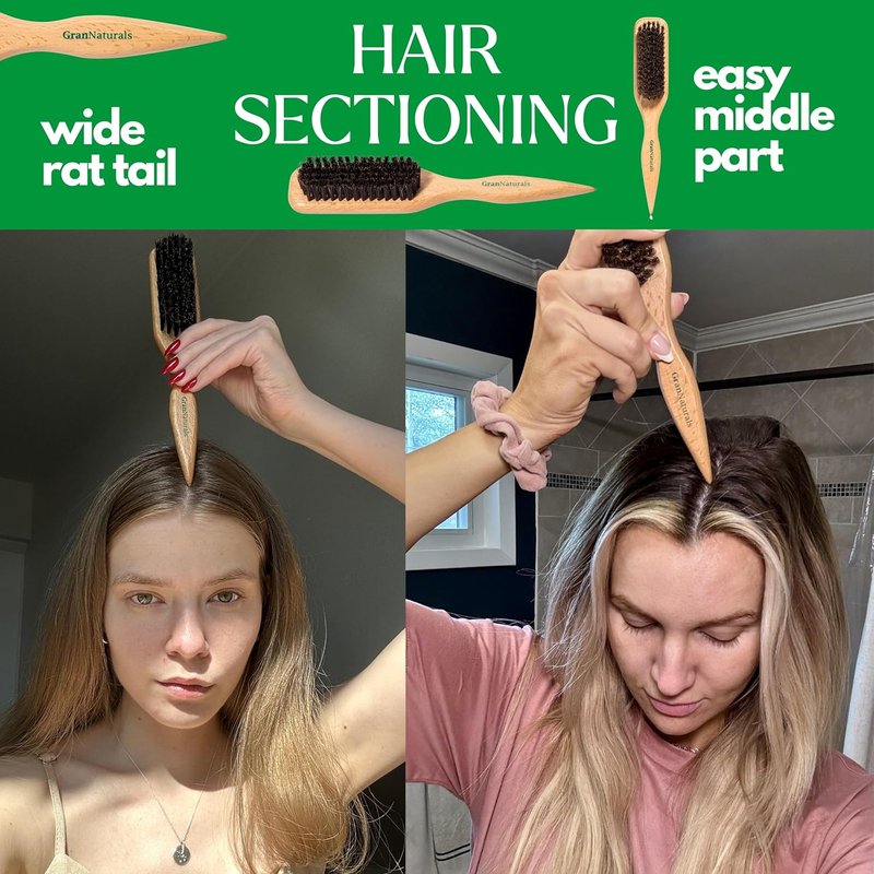 GranNaturals Boar Bristle Hair Brush - Sleek Ponytail & Bun Styling Tool | Backcombing & Teasing with Rat Tail