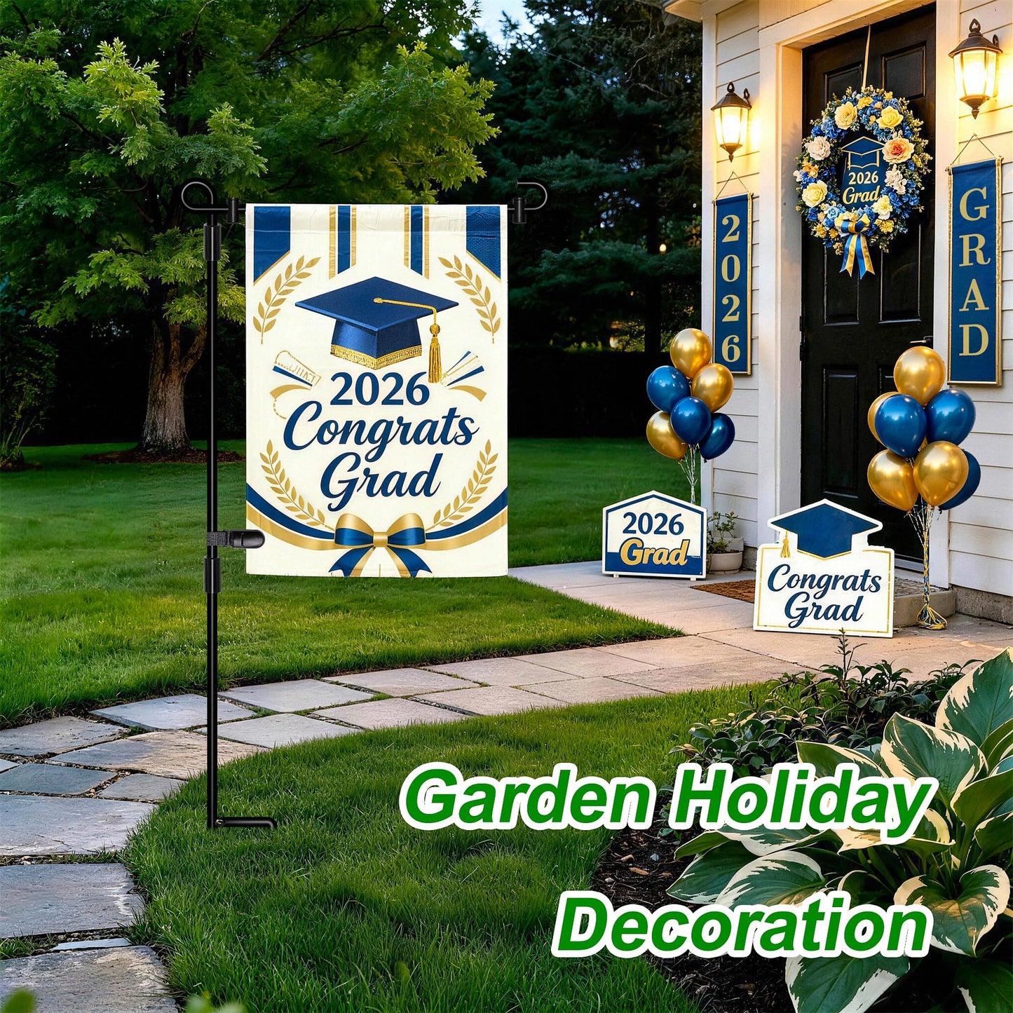 HOOSUN Garden Flag Stand,Premium Garden Flag Holder Pole Metal Powder-Coated Weather-Proof Paint with Graden Flag Clip and Spring Stoppers Without Flag Garden Decorations