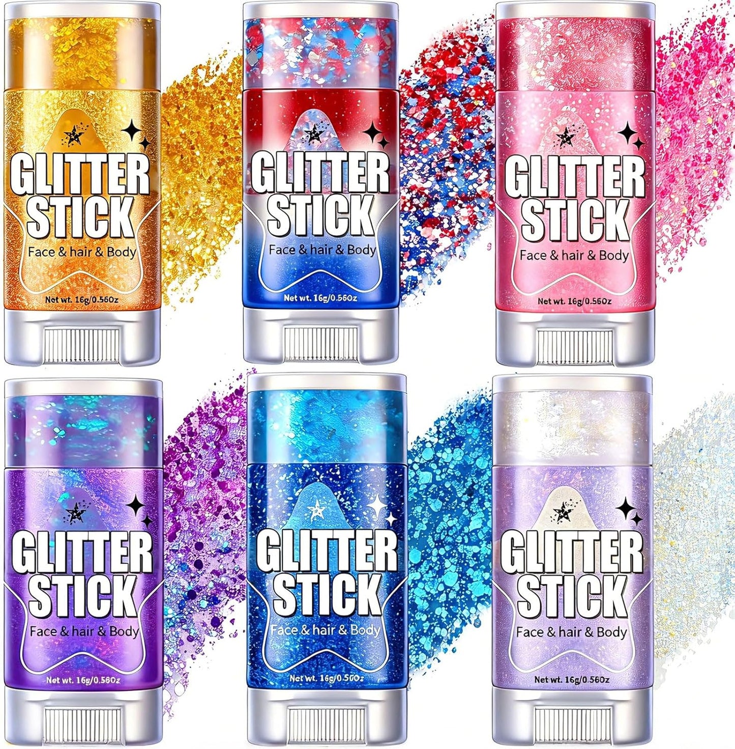 Body Glitter Stick - 6 Pack Red White & Blue Face & Hair Glitter | Chunky Sequins for 4th of July Festival Makeup