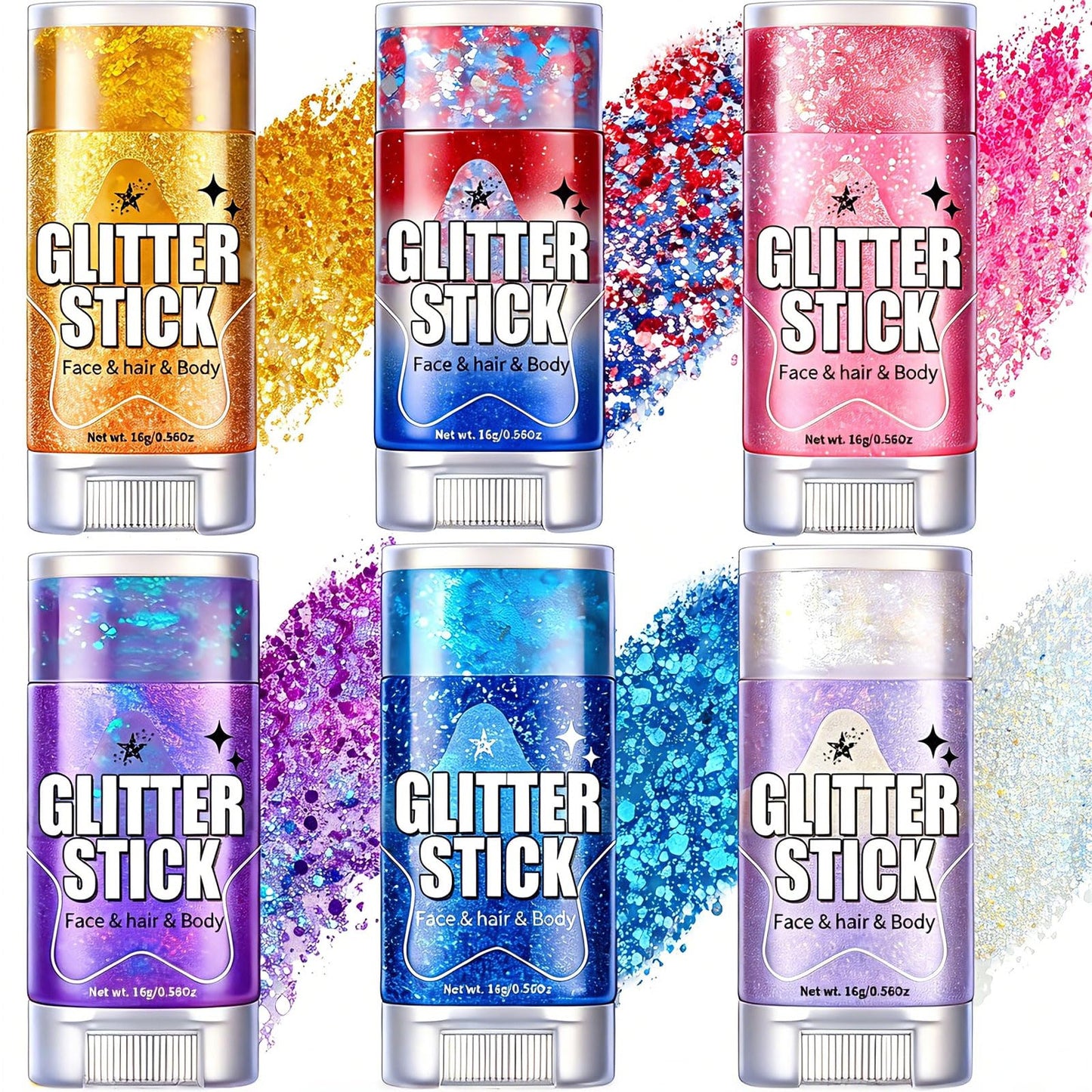 AROIC Body Glitter Stick- 6 Pack Patriotic Red White and Blue Face& Hair Glitter, 4th of July Outfits Rave Accessories, USA Flag Sparkling Face Makeup for Women Independence Day Festival Concert Party