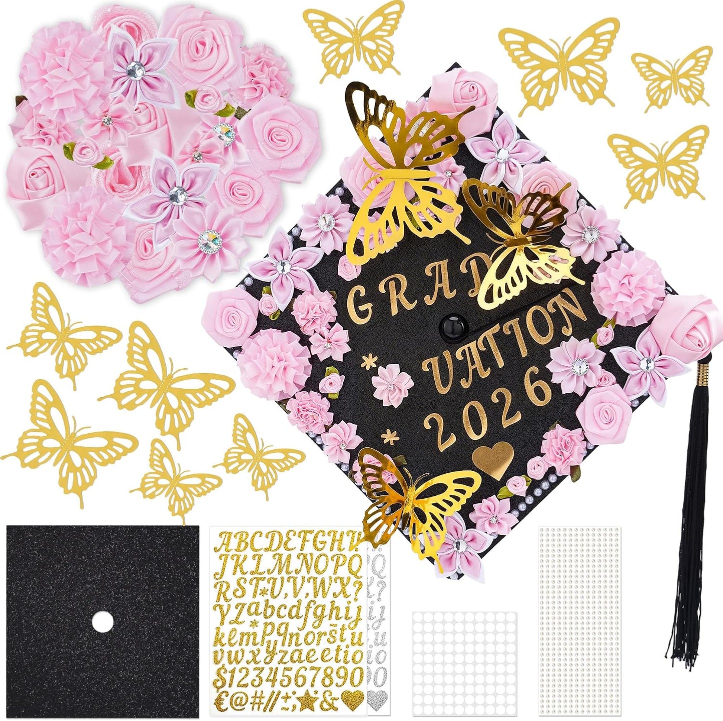 Graduation Cap Decoration Kit - 56 Pcs DIY Pink Flowers, Rhinestones & Glitter Butterflies | 2026 Grad Hat Topper